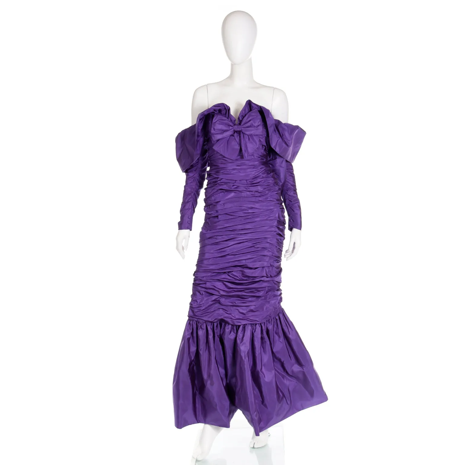 1980s Isabelle Allard Vintage Purple Taffeta Ruched Evening Gown w Bows