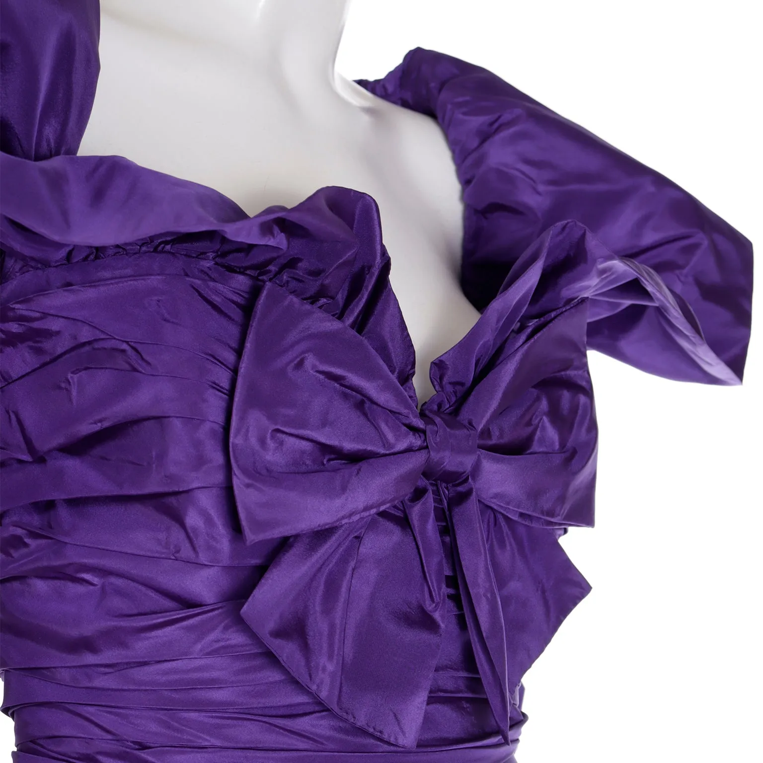 1980s Isabelle Allard Vintage Purple Taffeta Ruched Evening Gown w Bows