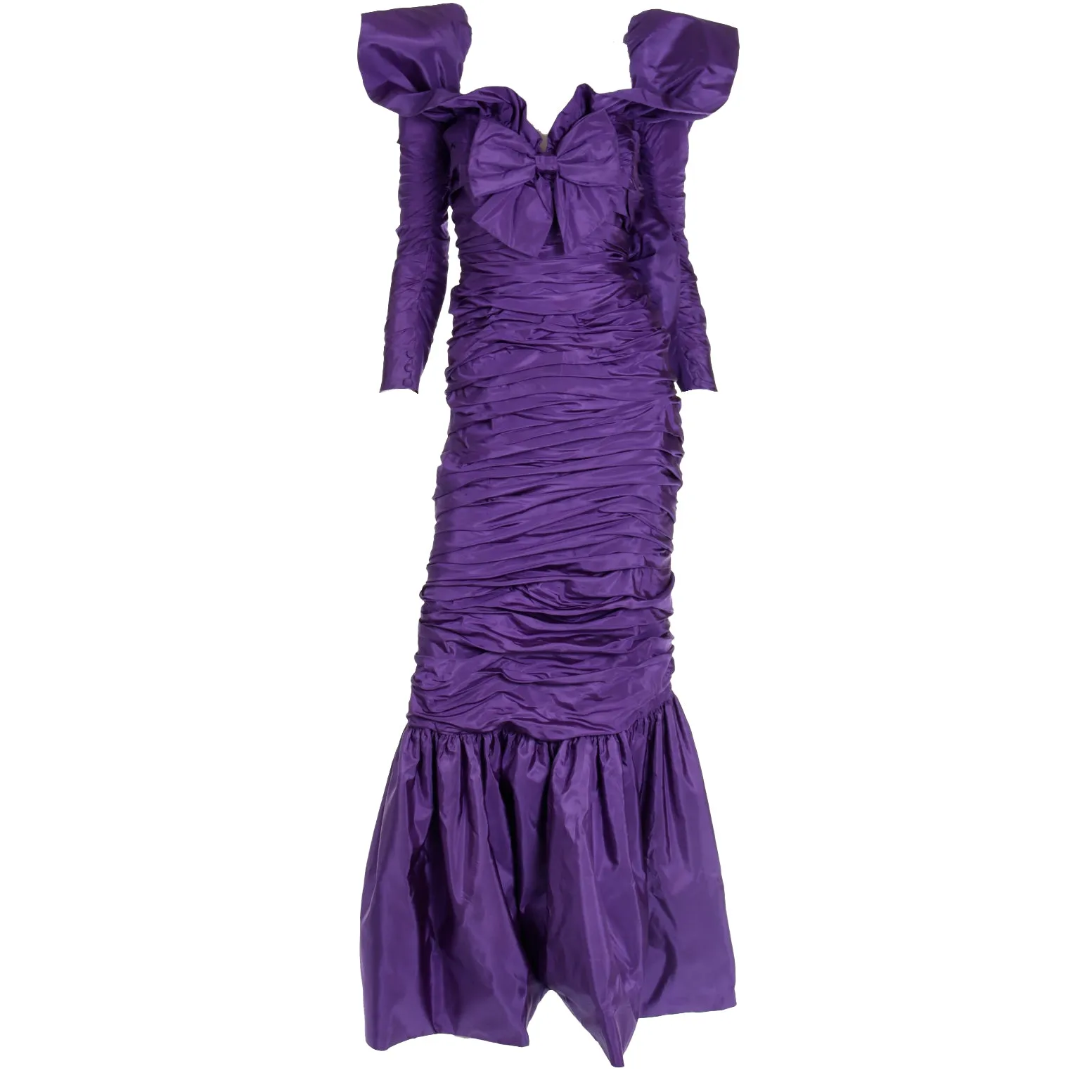 1980s Isabelle Allard Vintage Purple Taffeta Ruched Evening Gown w Bows