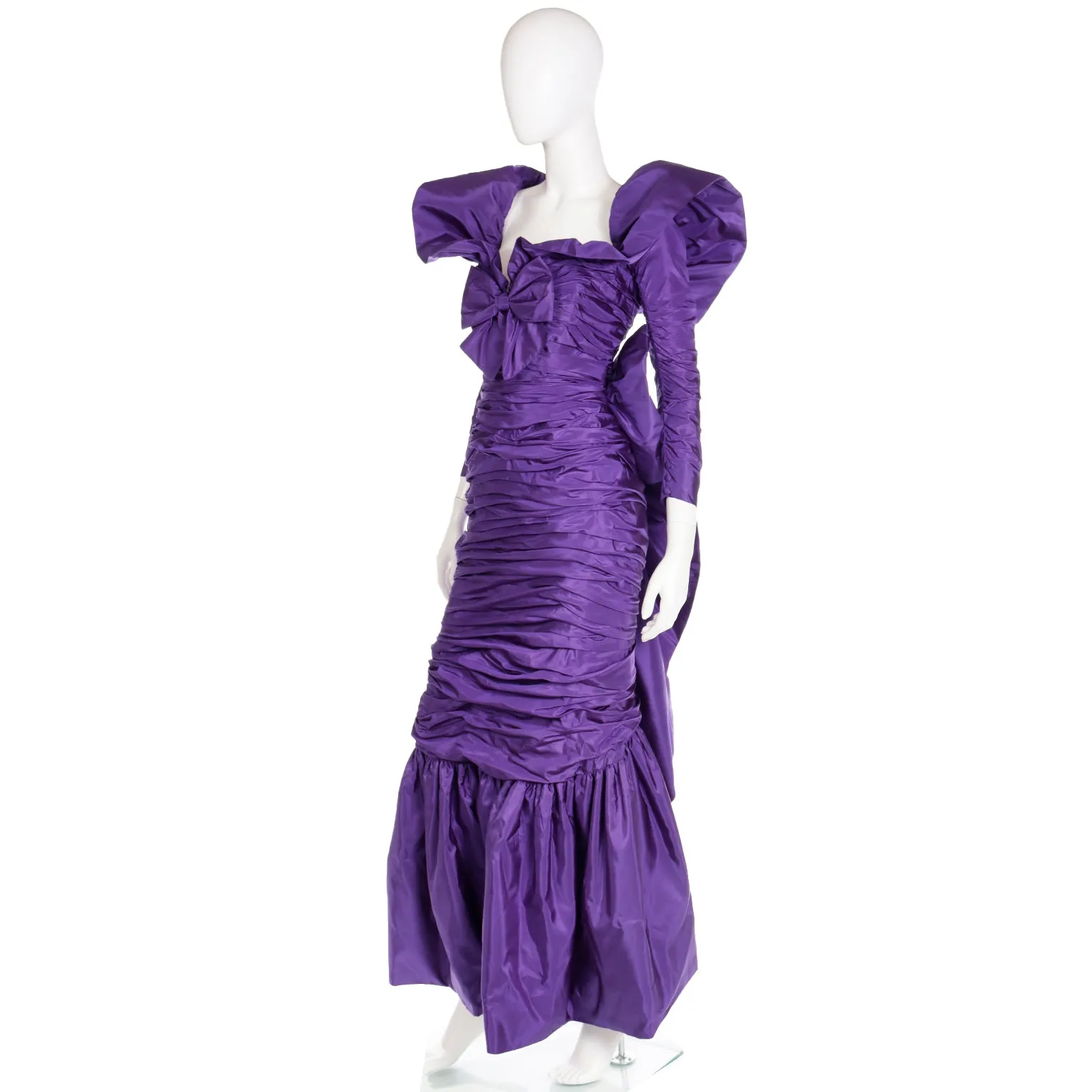 1980s Isabelle Allard Vintage Purple Taffeta Ruched Evening Gown w Bows