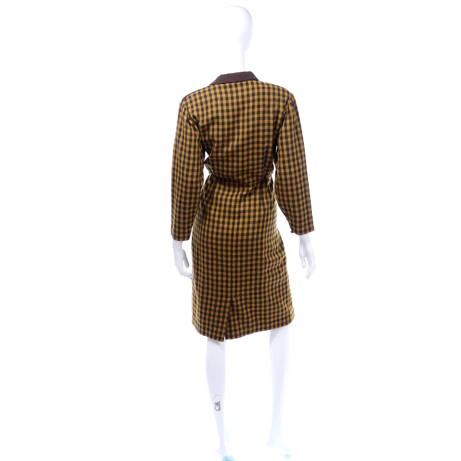 1980s Mustard Yellow & Brown Check Wool Vintage Avant Garde Dress