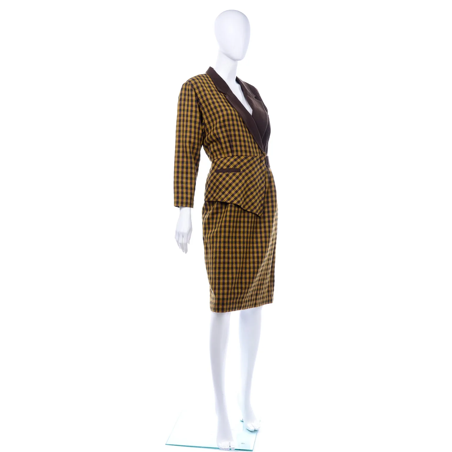 1980s Mustard Yellow & Brown Check Wool Vintage Avant Garde Dress