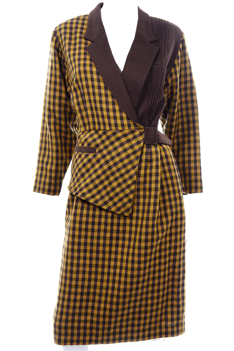 1980s Mustard Yellow & Brown Check Wool Vintage Avant Garde Dress