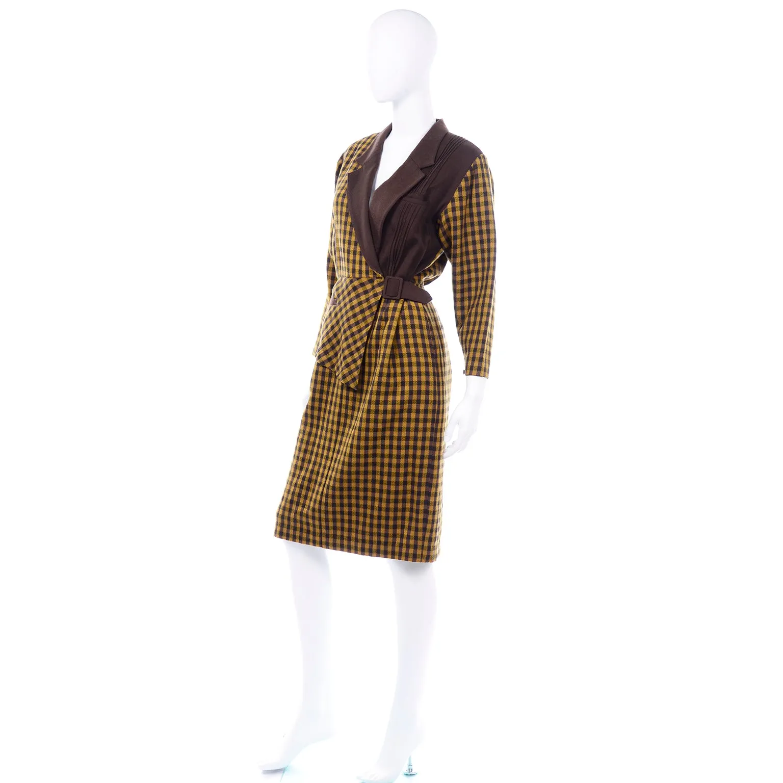 1980s Mustard Yellow & Brown Check Wool Vintage Avant Garde Dress