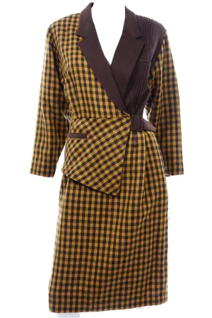 1980s Mustard Yellow & Brown Check Wool Vintage Avant Garde Dress