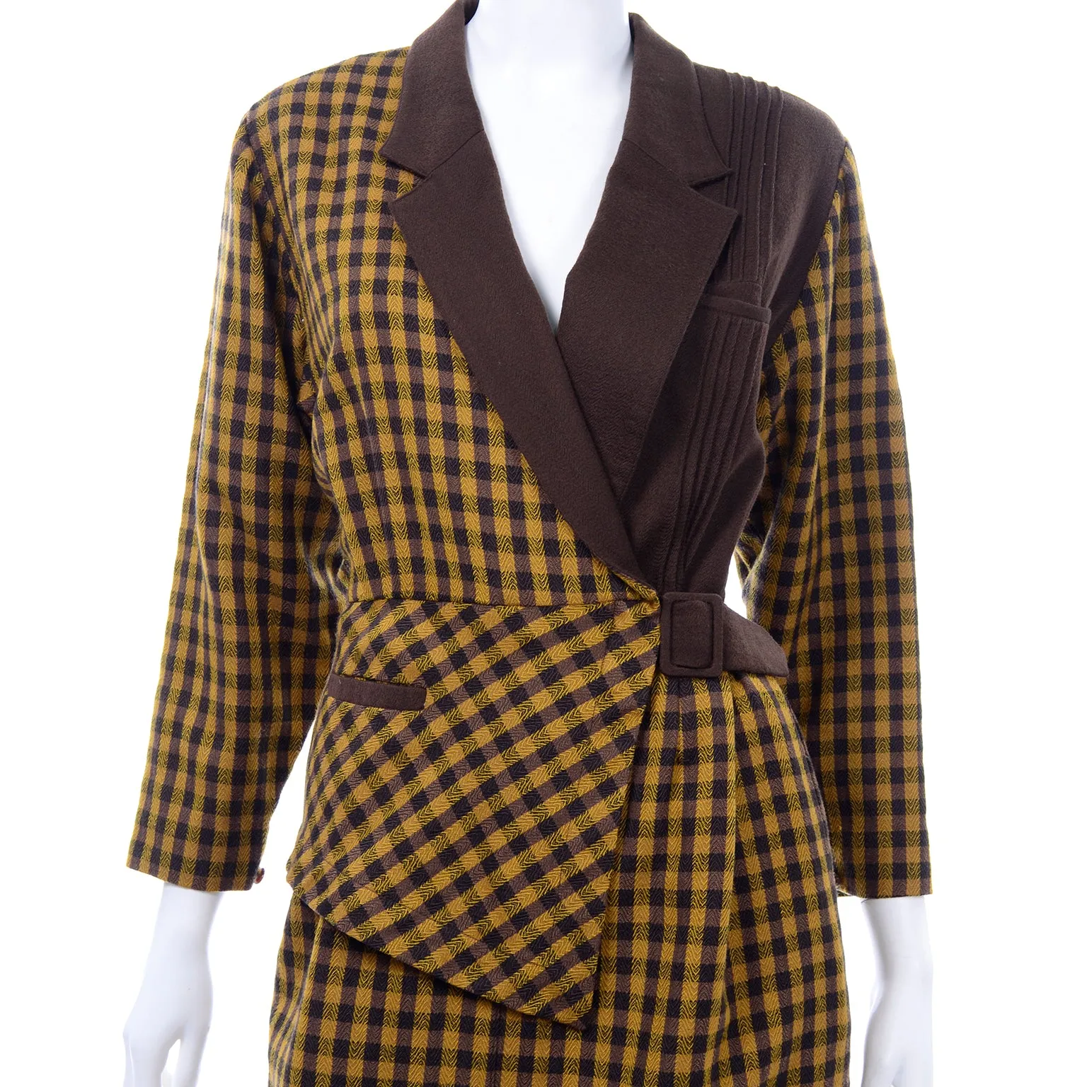 1980s Mustard Yellow & Brown Check Wool Vintage Avant Garde Dress