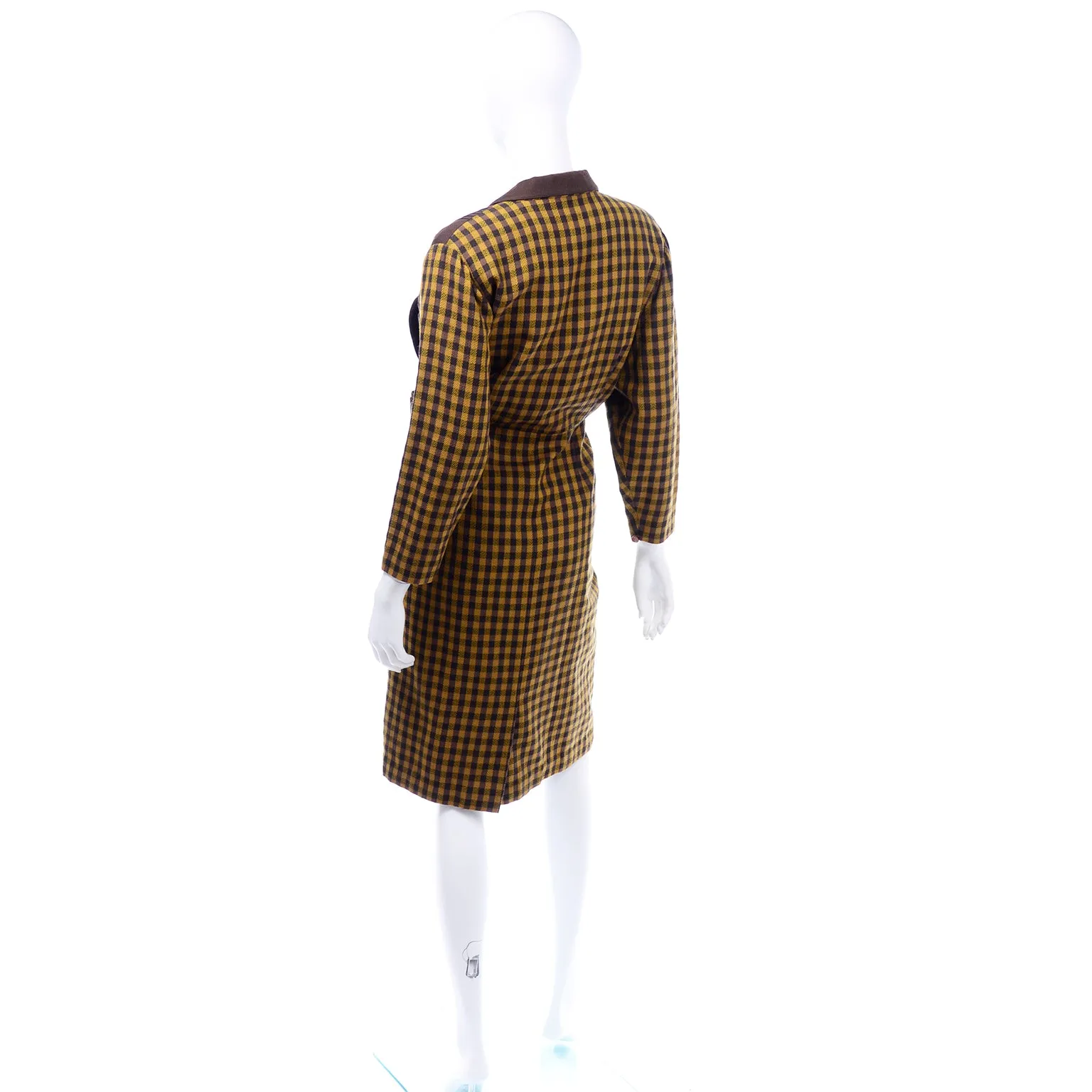 1980s Mustard Yellow & Brown Check Wool Vintage Avant Garde Dress