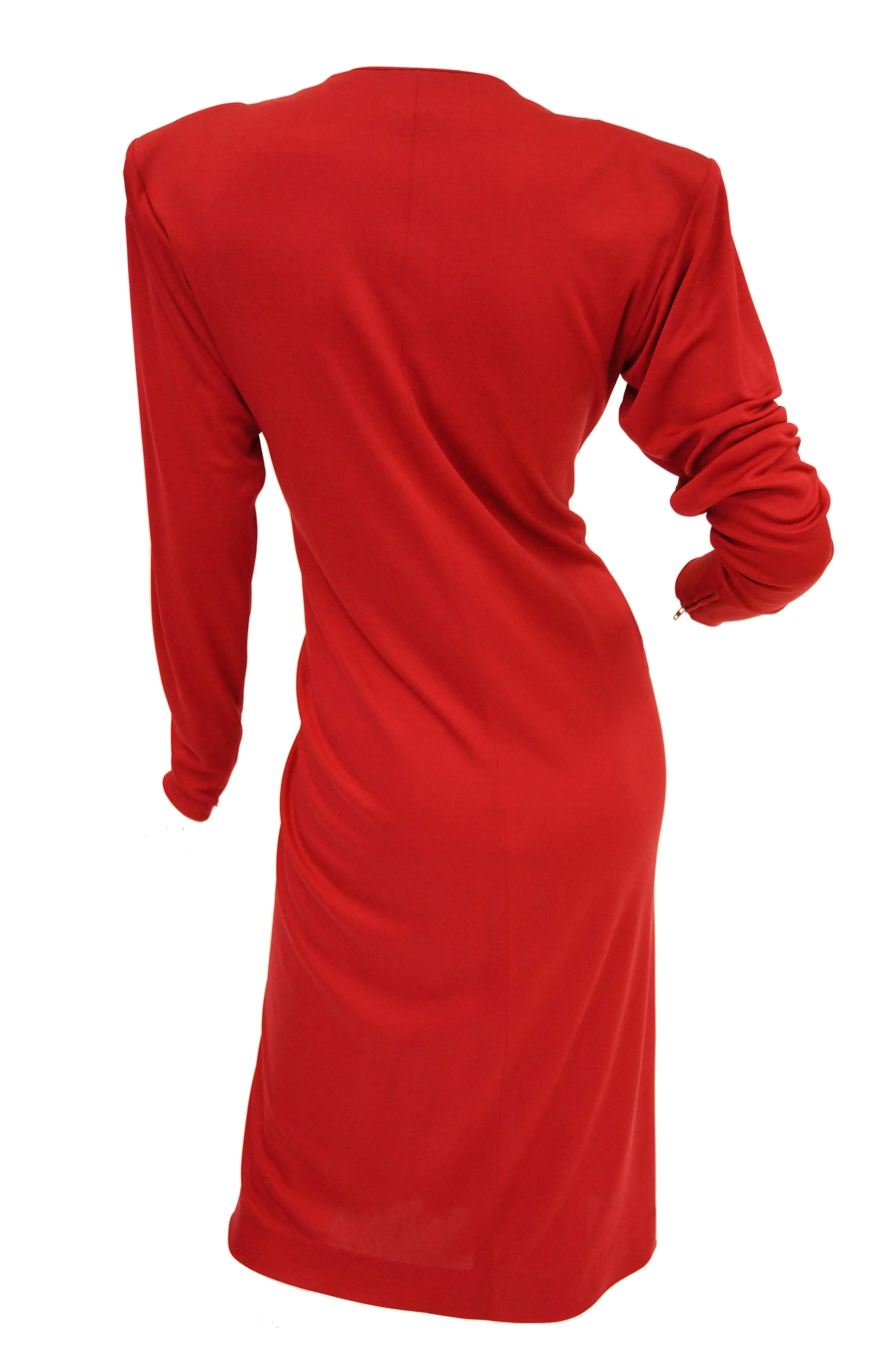 1980s Yves Saint Laurent Silk Jersey Red Plunge Front Dress