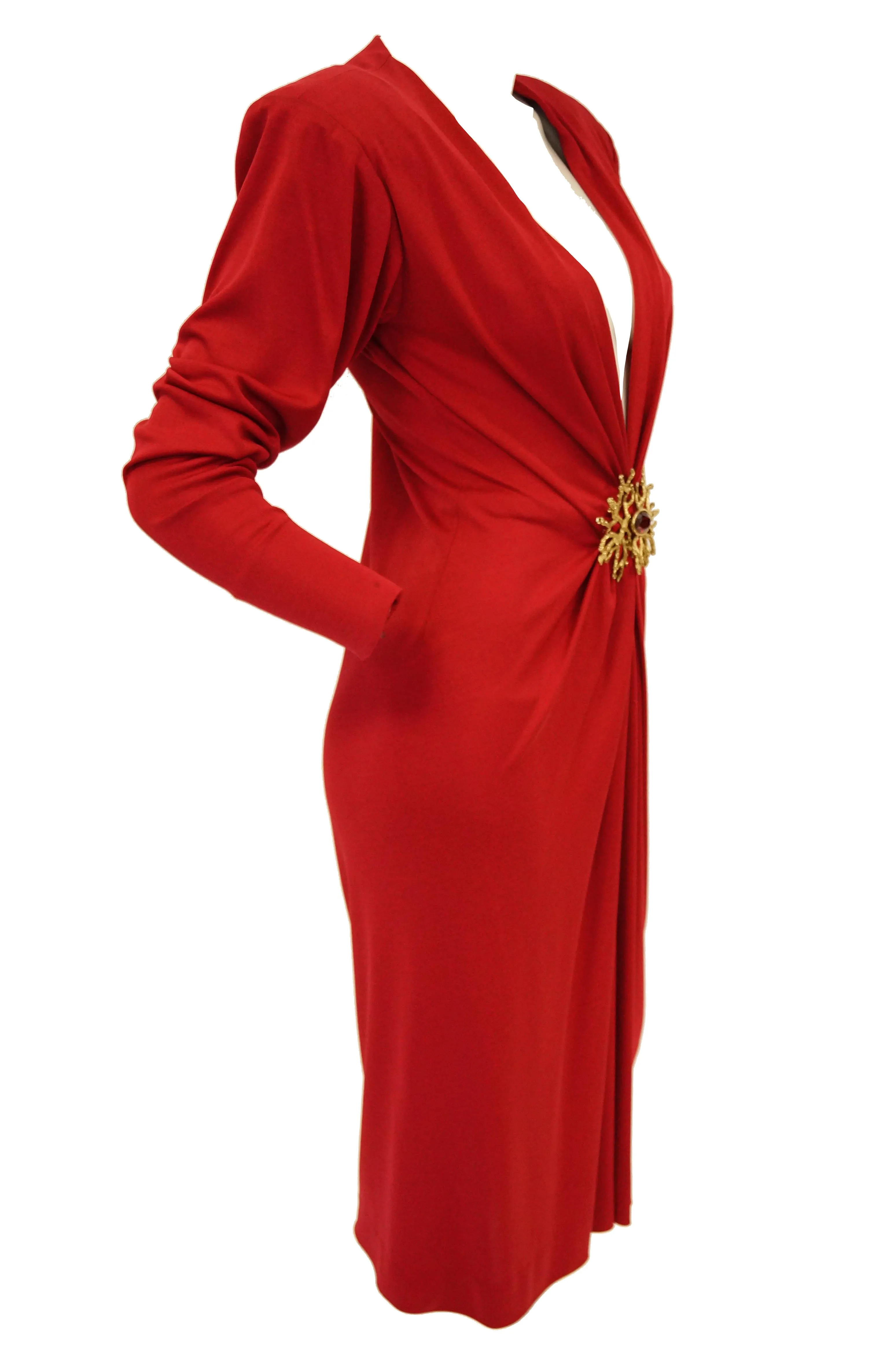 1980s Yves Saint Laurent Silk Jersey Red Plunge Front Dress