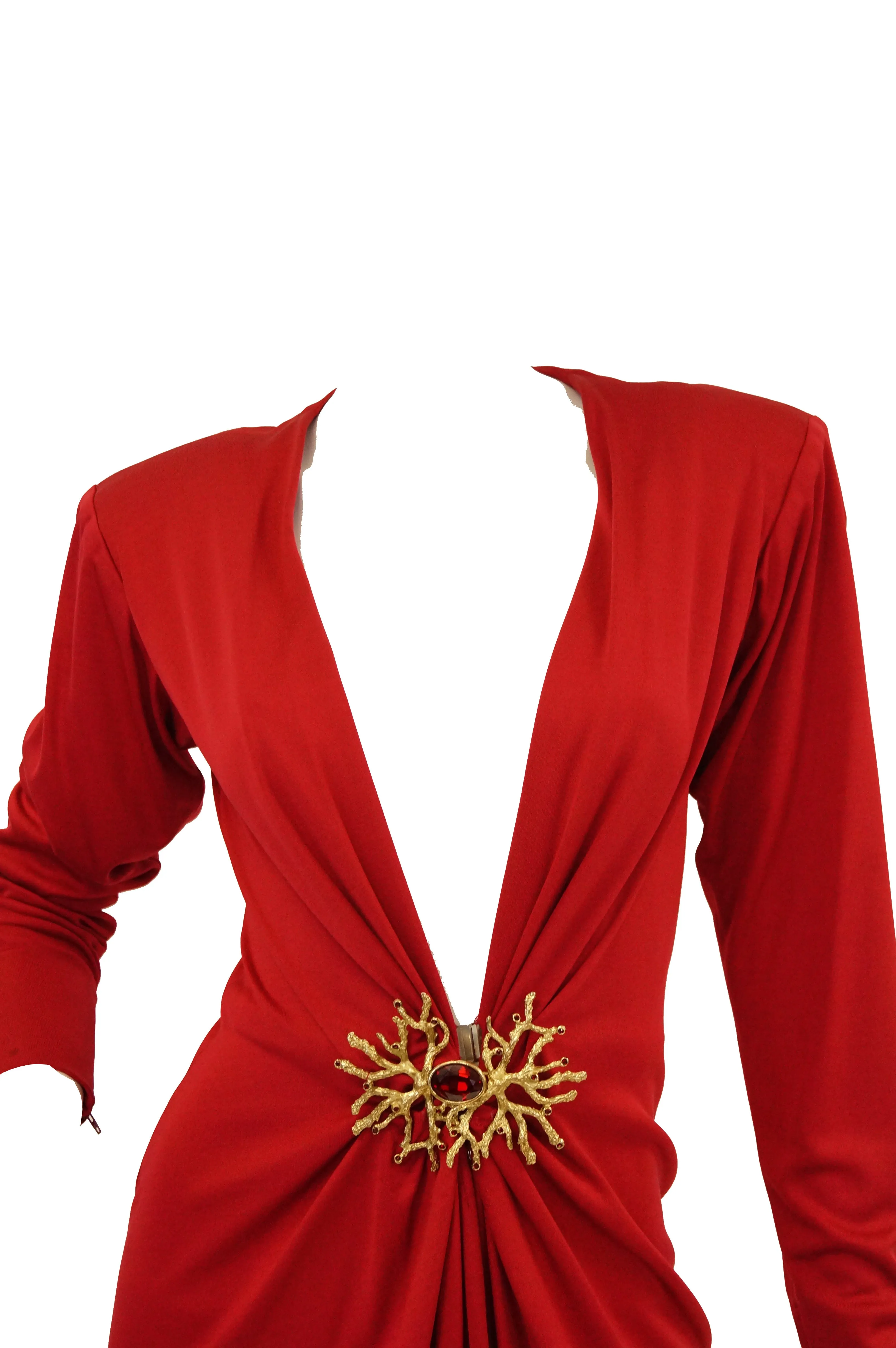 1980s Yves Saint Laurent Silk Jersey Red Plunge Front Dress