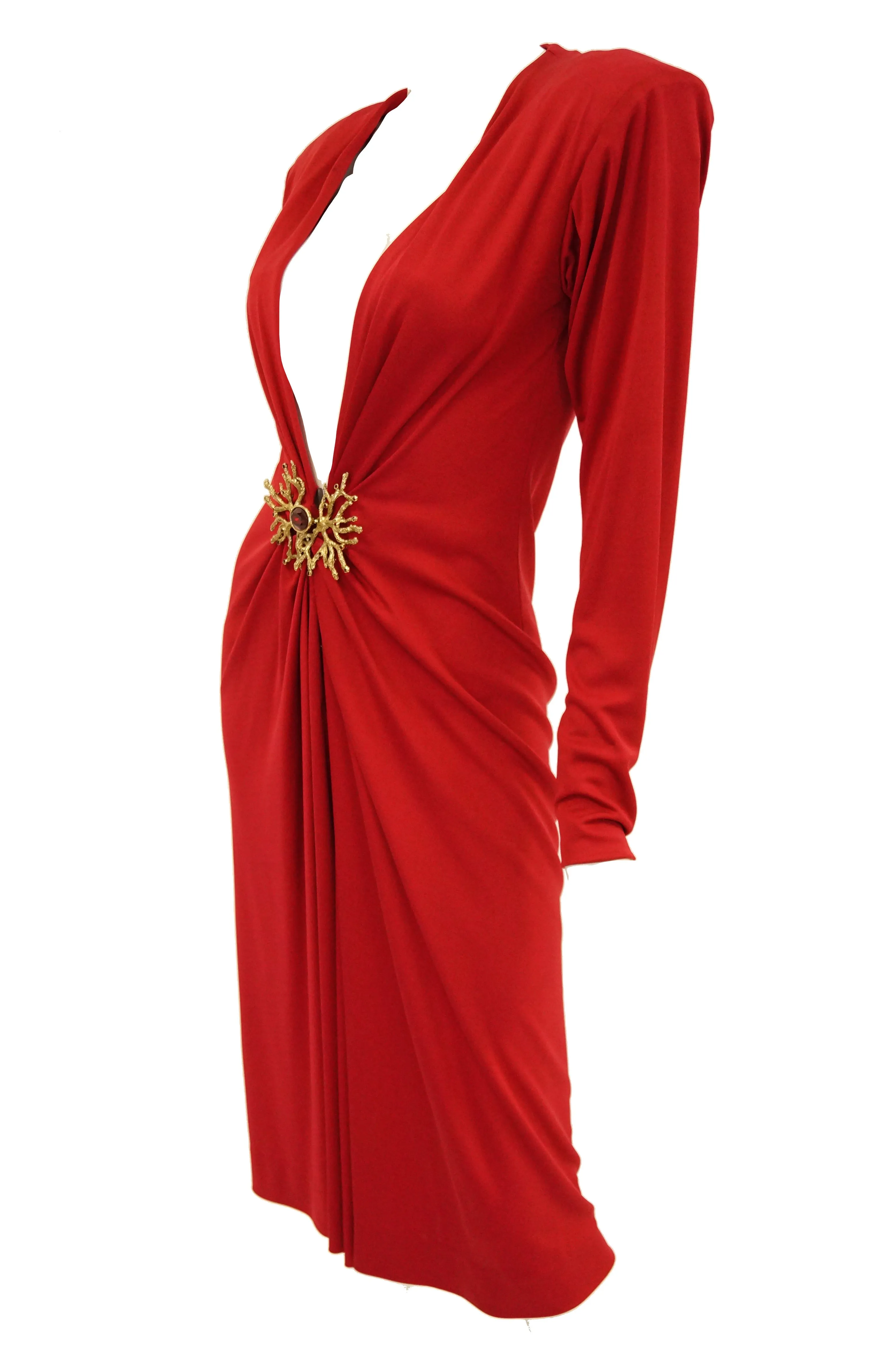 1980s Yves Saint Laurent Silk Jersey Red Plunge Front Dress
