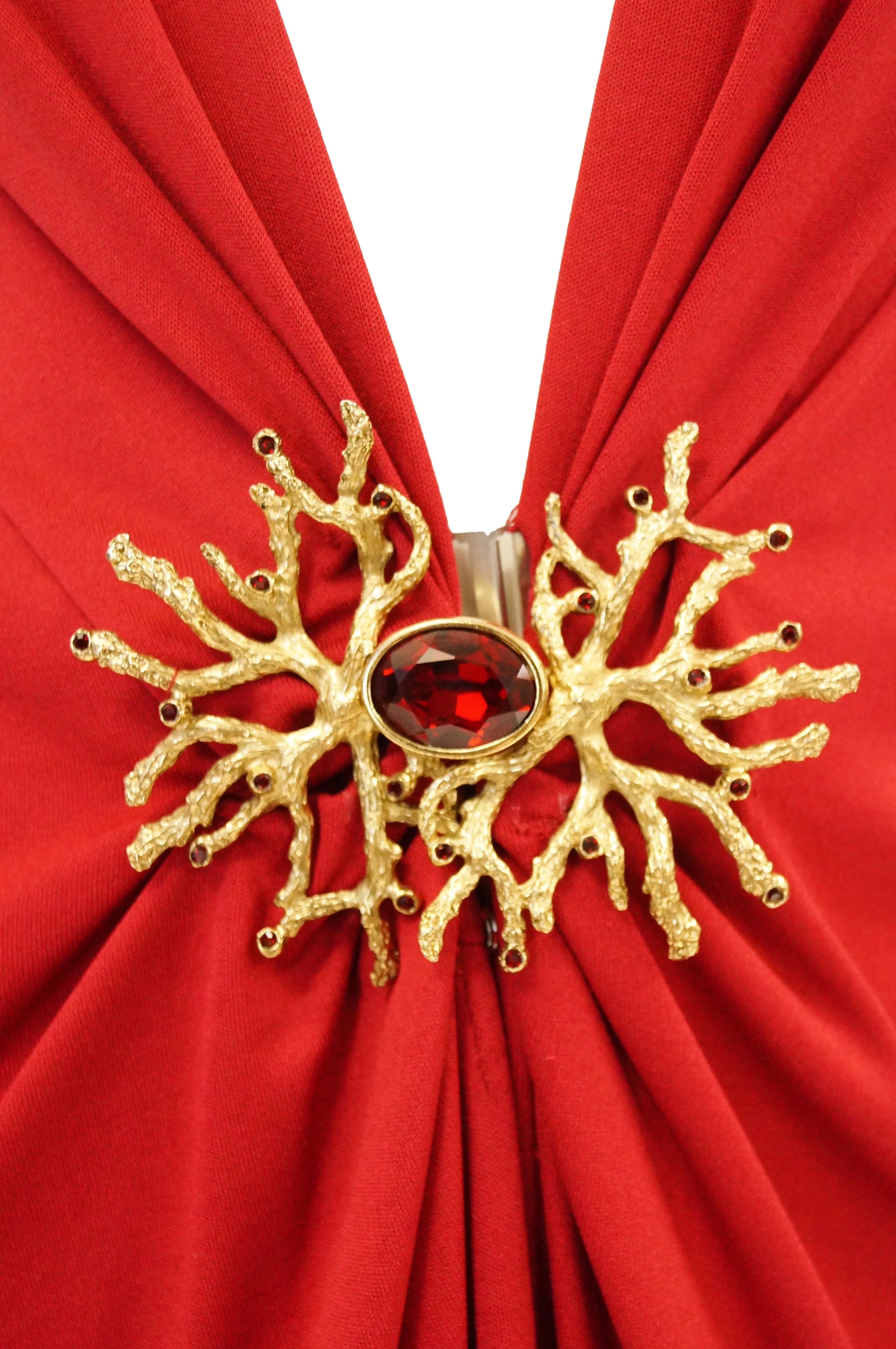 1980s Yves Saint Laurent Silk Jersey Red Plunge Front Dress