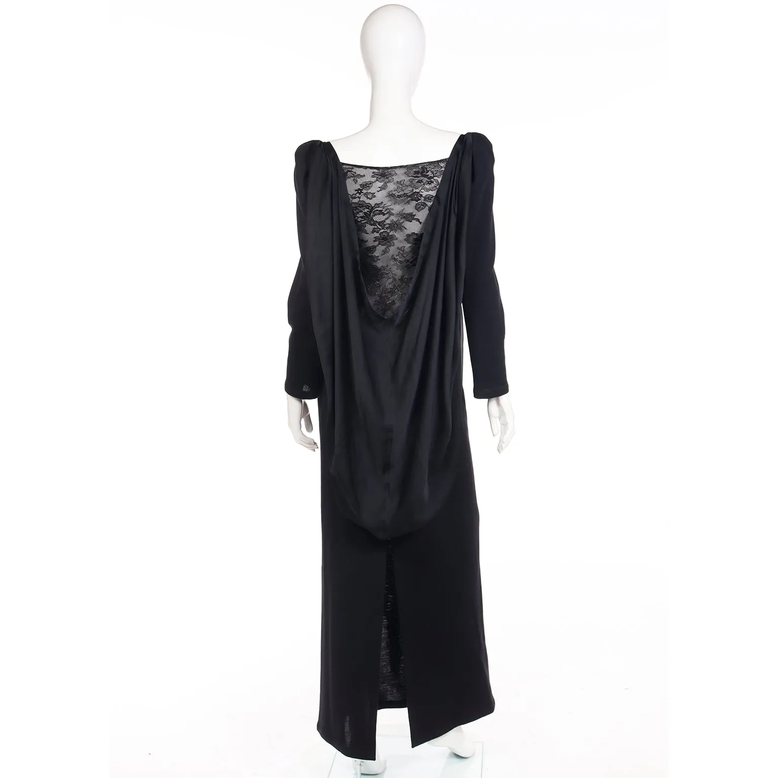 1990 Deadstock Yves Saint Laurent Long Black Evening Dress Gown W Lace & Hood