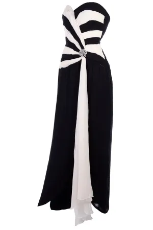 1990s Black and White Silk Chiffon Dress Strapless Evening Gown