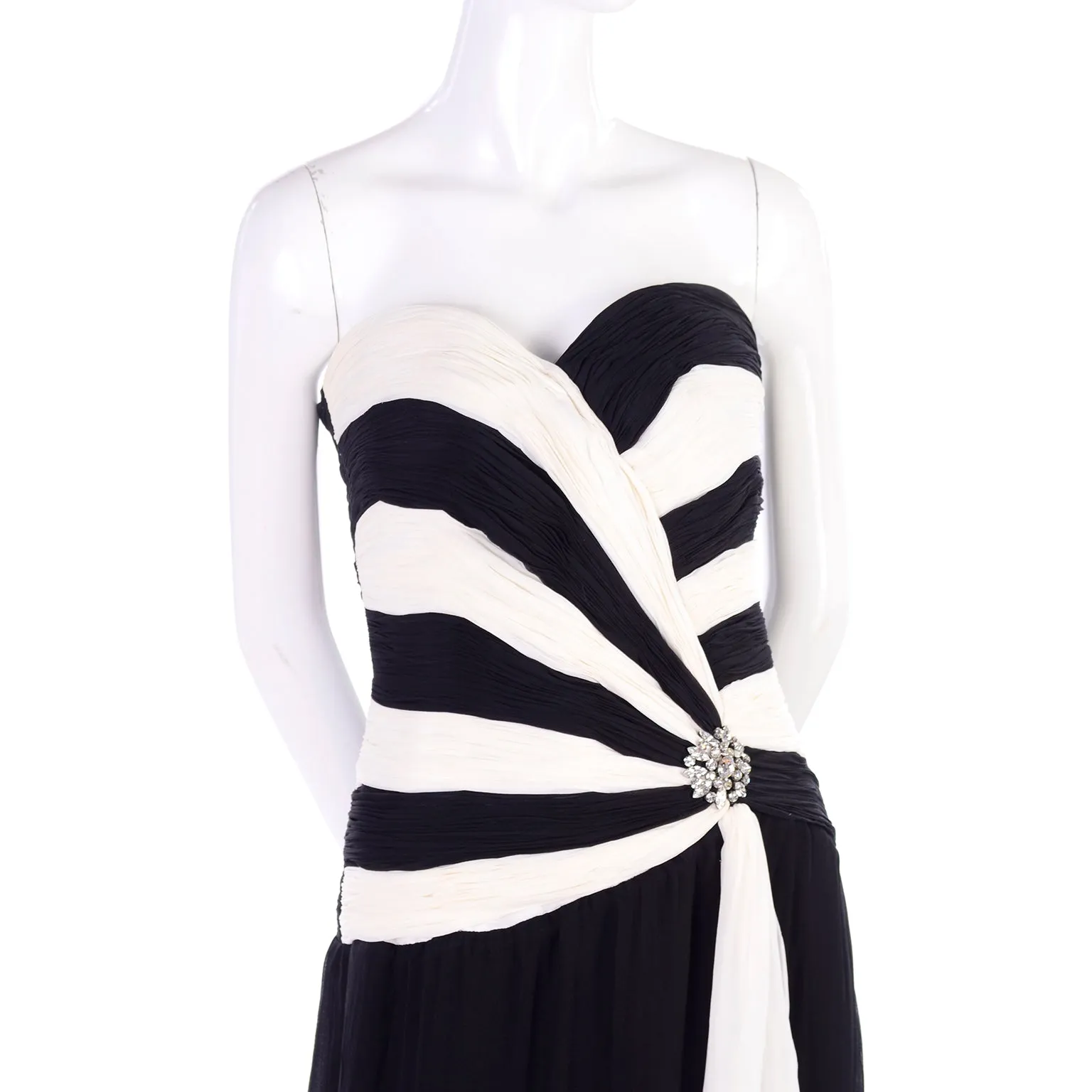 1990s Black and White Silk Chiffon Dress Strapless Evening Gown