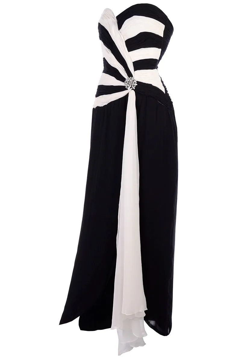 1990s Black and White Silk Chiffon Dress Strapless Evening Gown