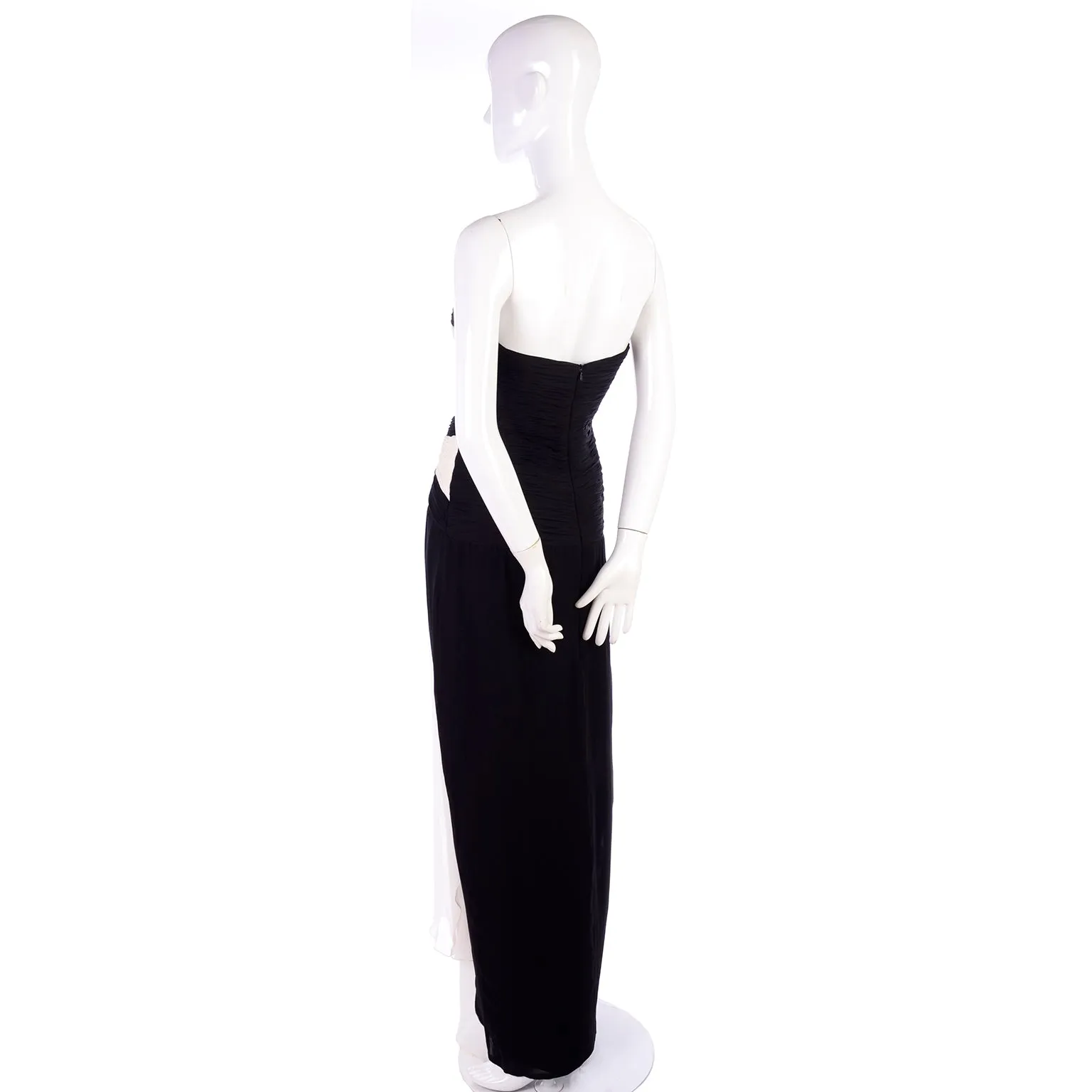 1990s Black and White Silk Chiffon Dress Strapless Evening Gown