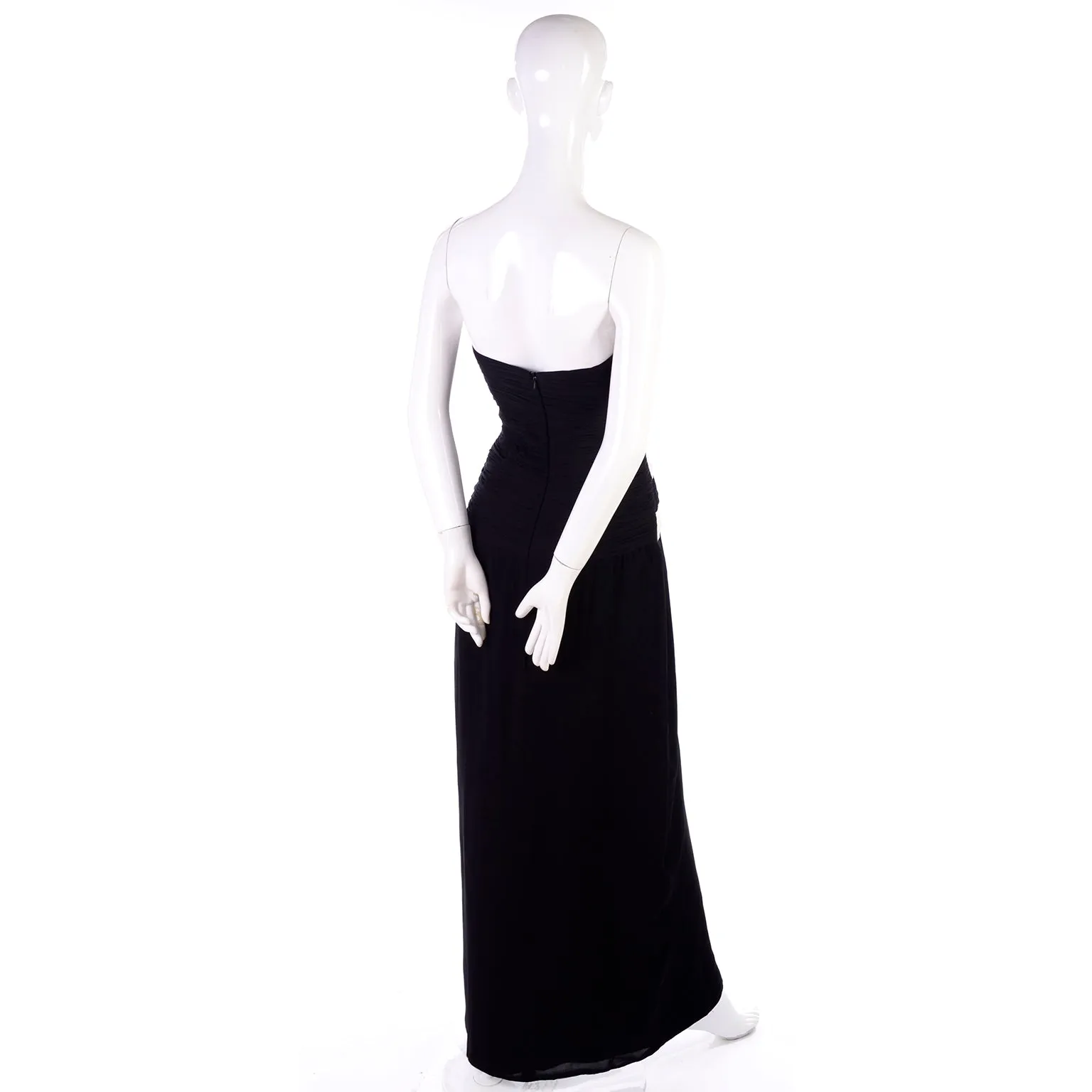 1990s Black and White Silk Chiffon Dress Strapless Evening Gown