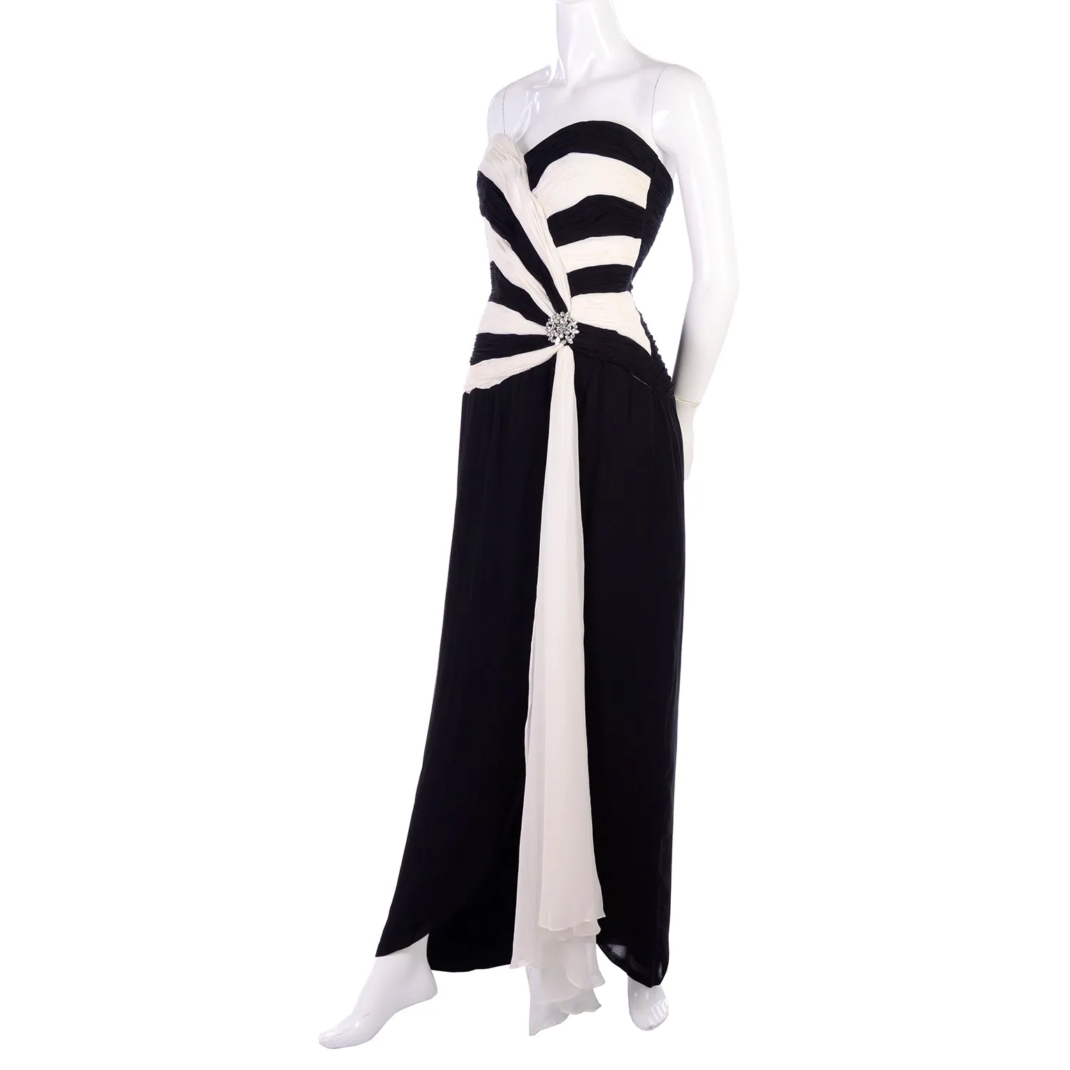 1990s Black and White Silk Chiffon Dress Strapless Evening Gown