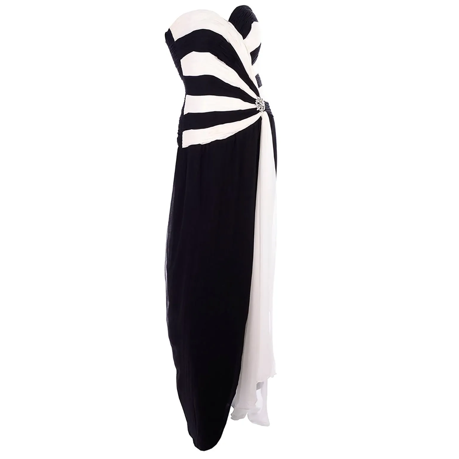 1990s Black and White Silk Chiffon Dress Strapless Evening Gown