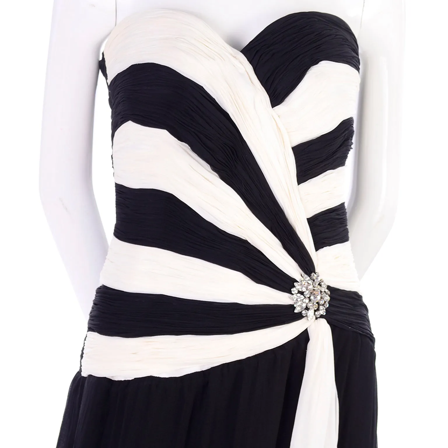 1990s Black and White Silk Chiffon Dress Strapless Evening Gown