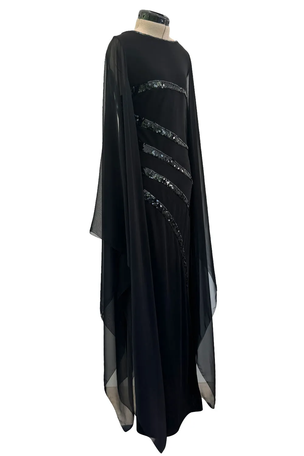 1990s Loris Azzaro Black Stretch Jersey Dress w Chiffon Angel Sleeves & Black Sequin Detailing