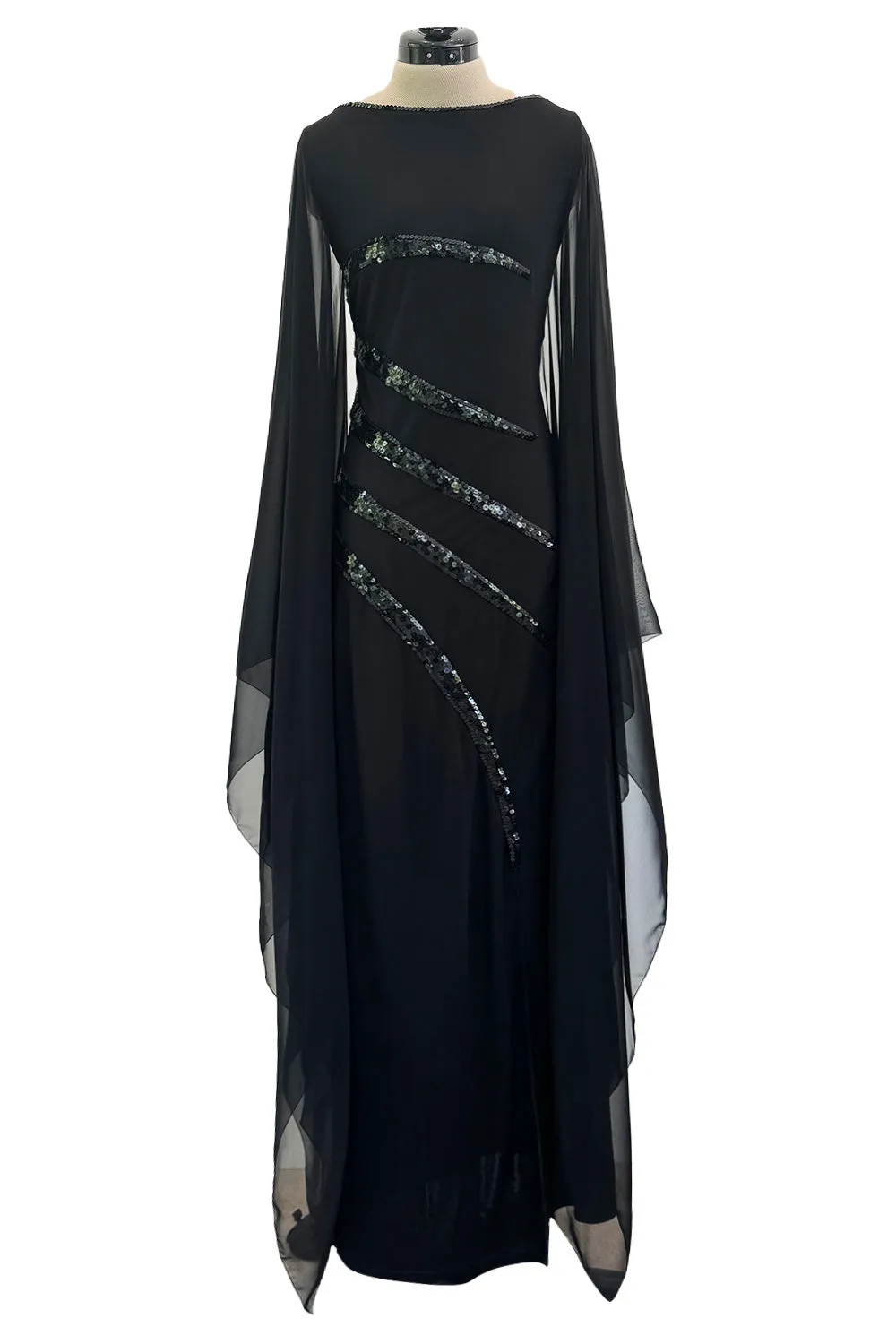 1990s Loris Azzaro Black Stretch Jersey Dress w Chiffon Angel Sleeves & Black Sequin Detailing