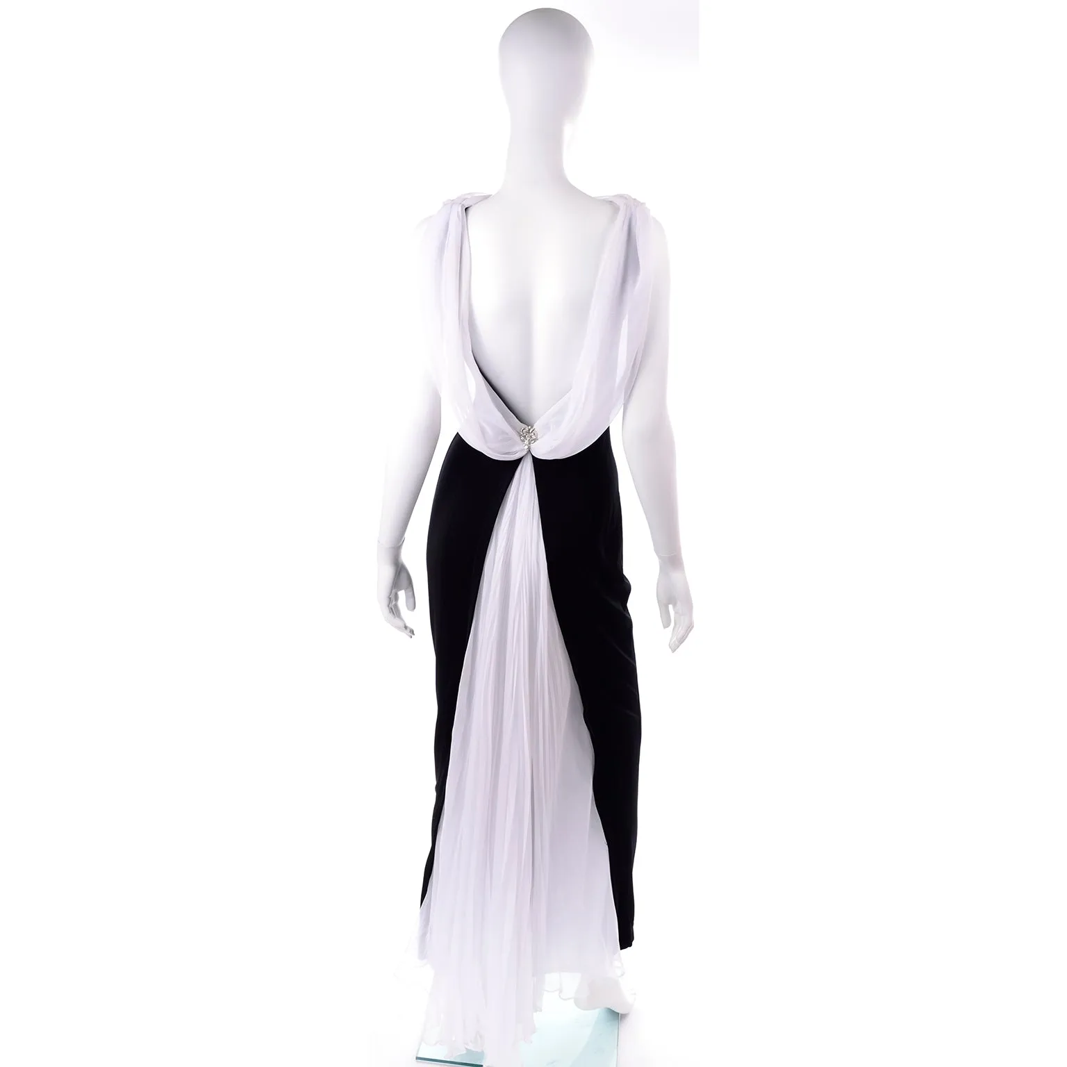 1990s Tadashi Shoji Vintage Black Evening Dress W White Chiffon Drape Low Back