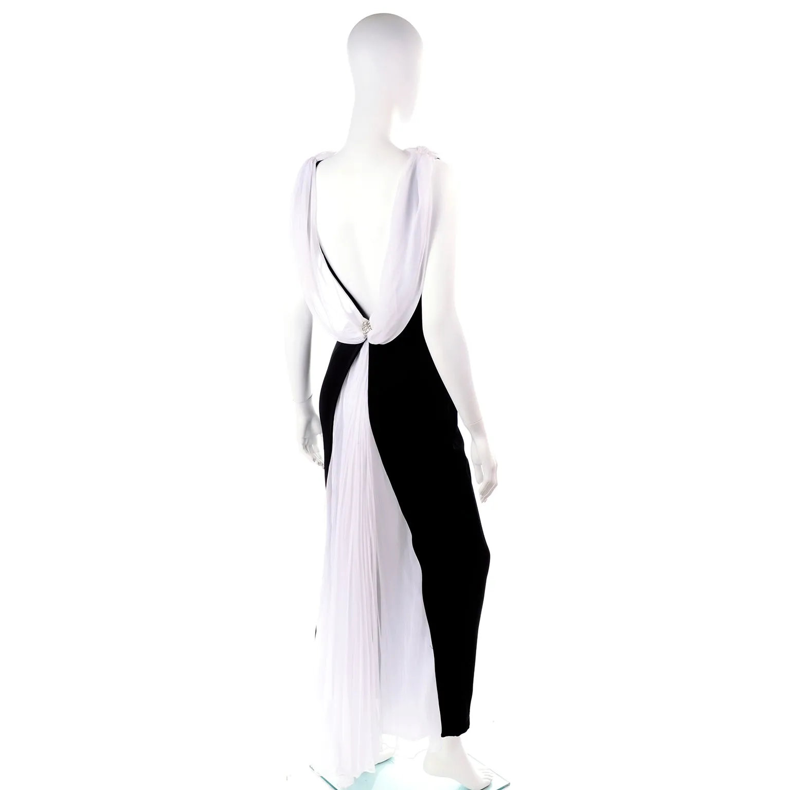 1990s Tadashi Shoji Vintage Black Evening Dress W White Chiffon Drape Low Back