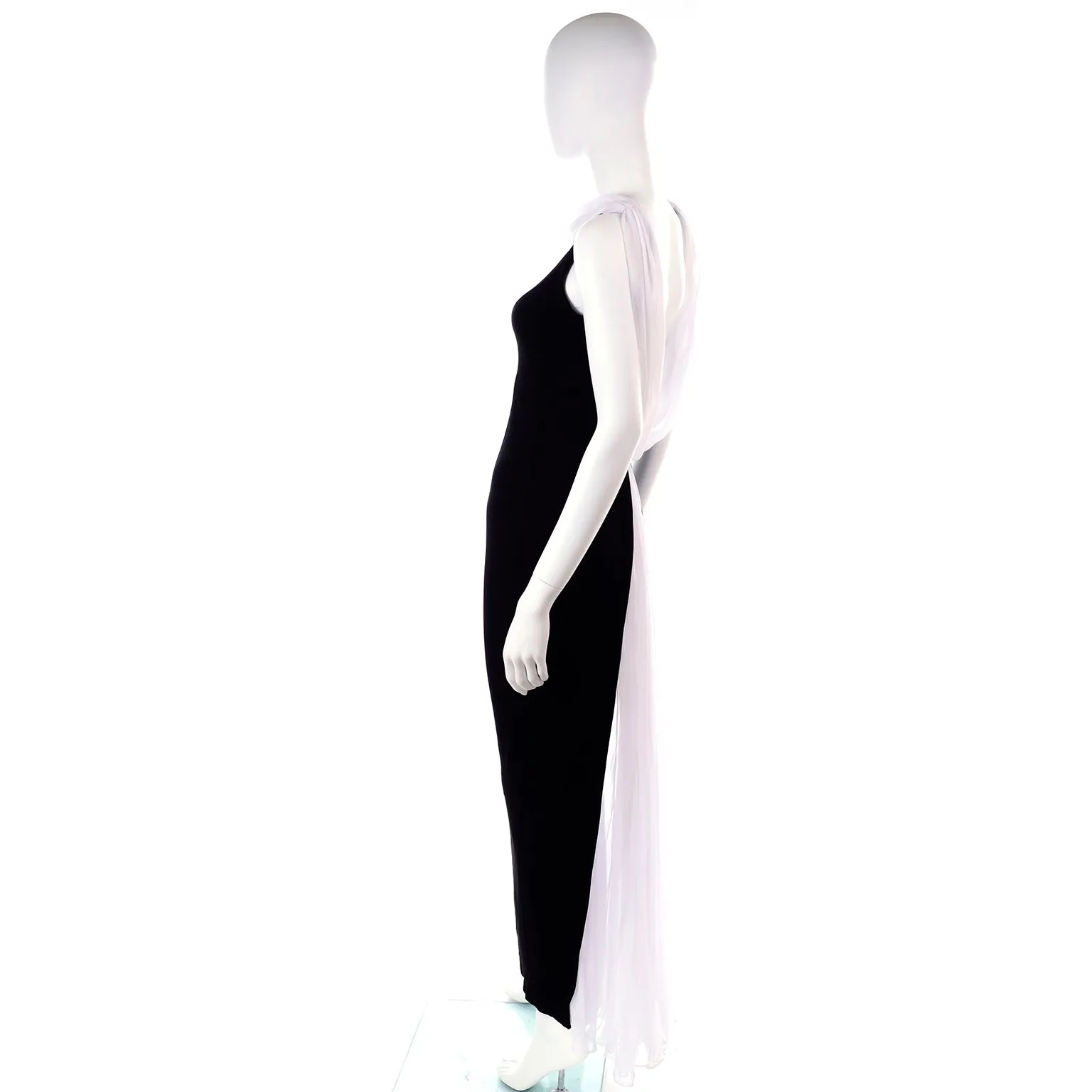 1990s Tadashi Shoji Vintage Black Evening Dress W White Chiffon Drape Low Back