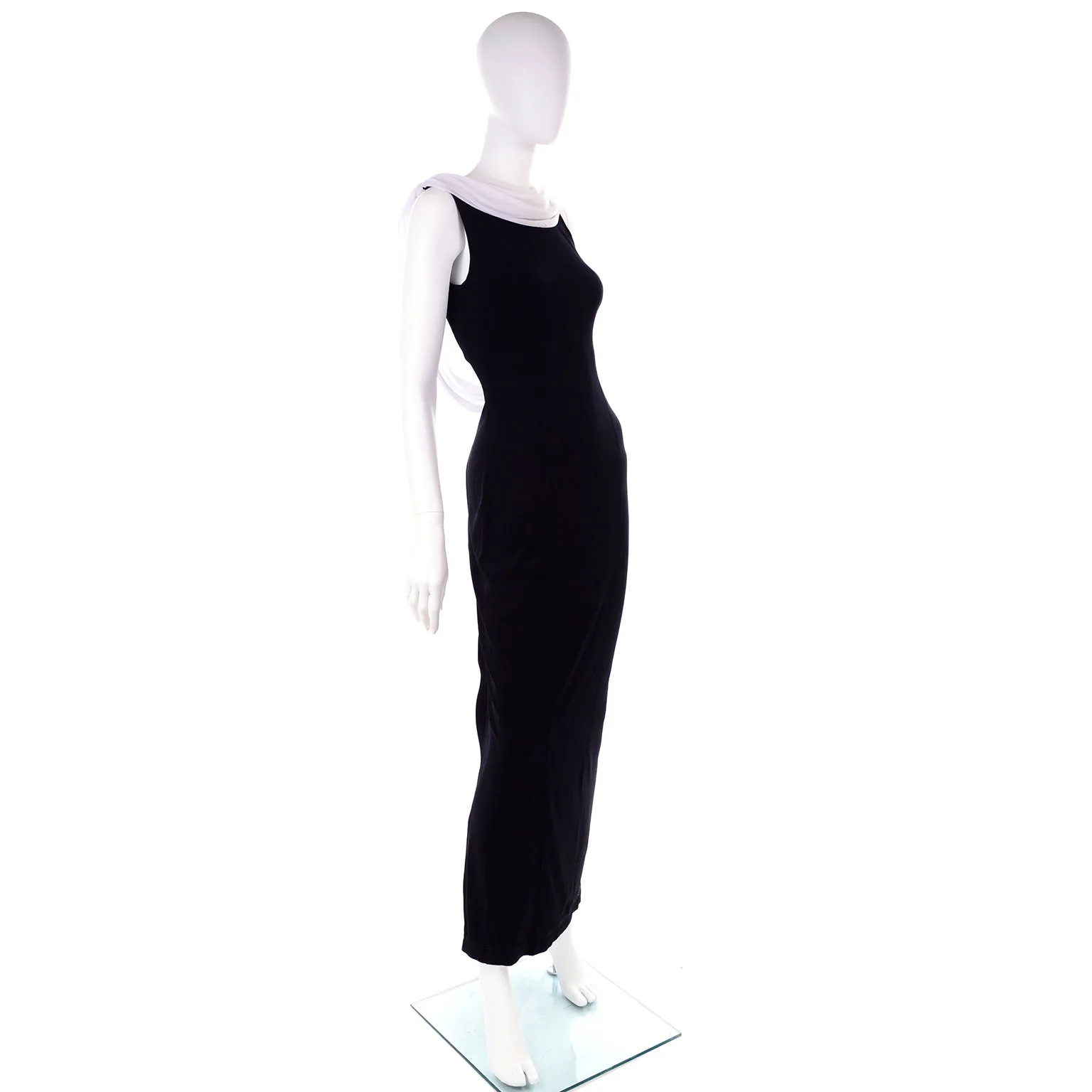 1990s Tadashi Shoji Vintage Black Evening Dress W White Chiffon Drape Low Back