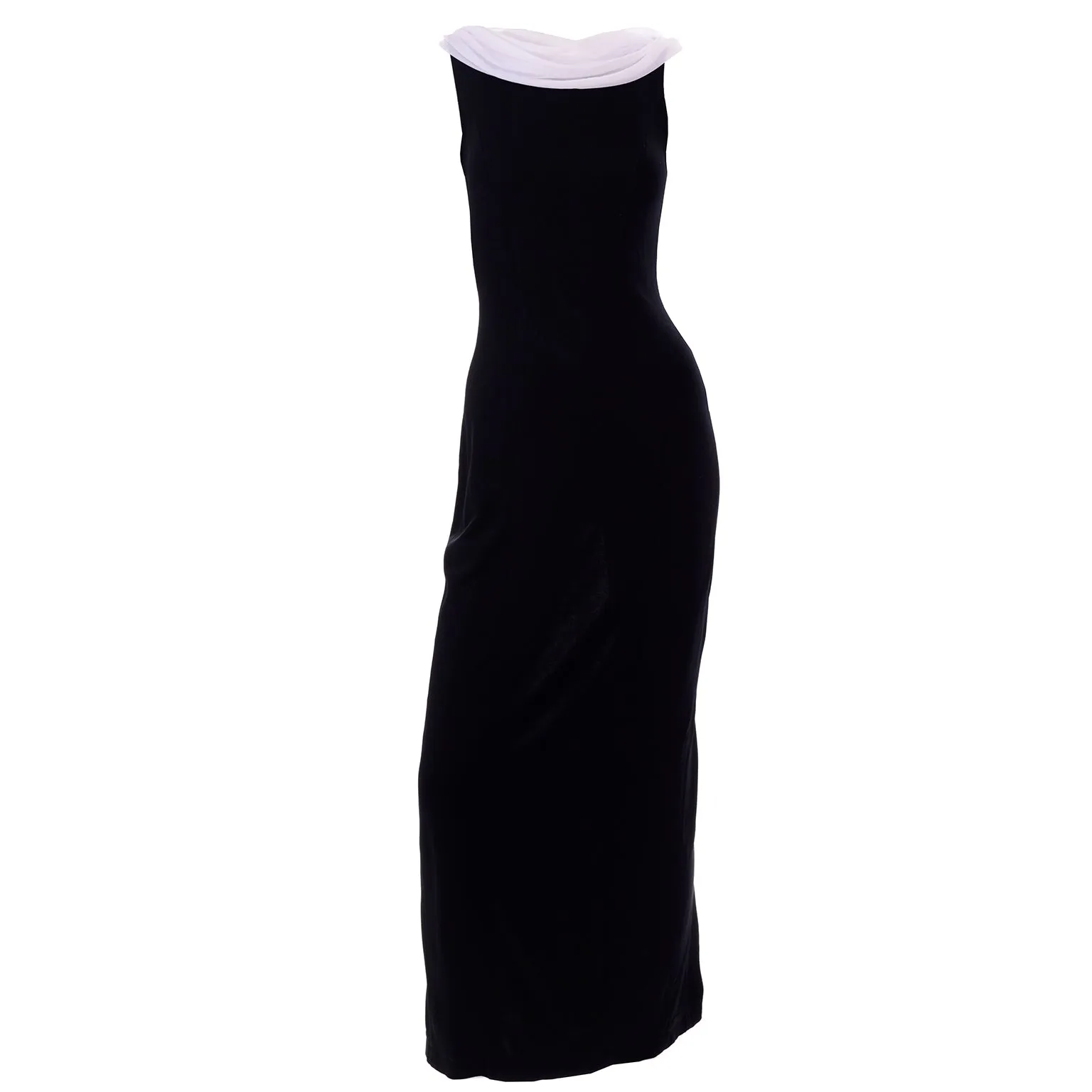1990s Tadashi Shoji Vintage Black Evening Dress W White Chiffon Drape Low Back