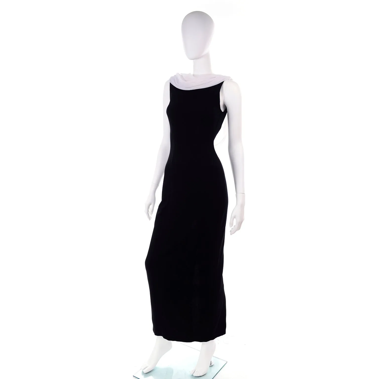 1990s Tadashi Shoji Vintage Black Evening Dress W White Chiffon Drape Low Back