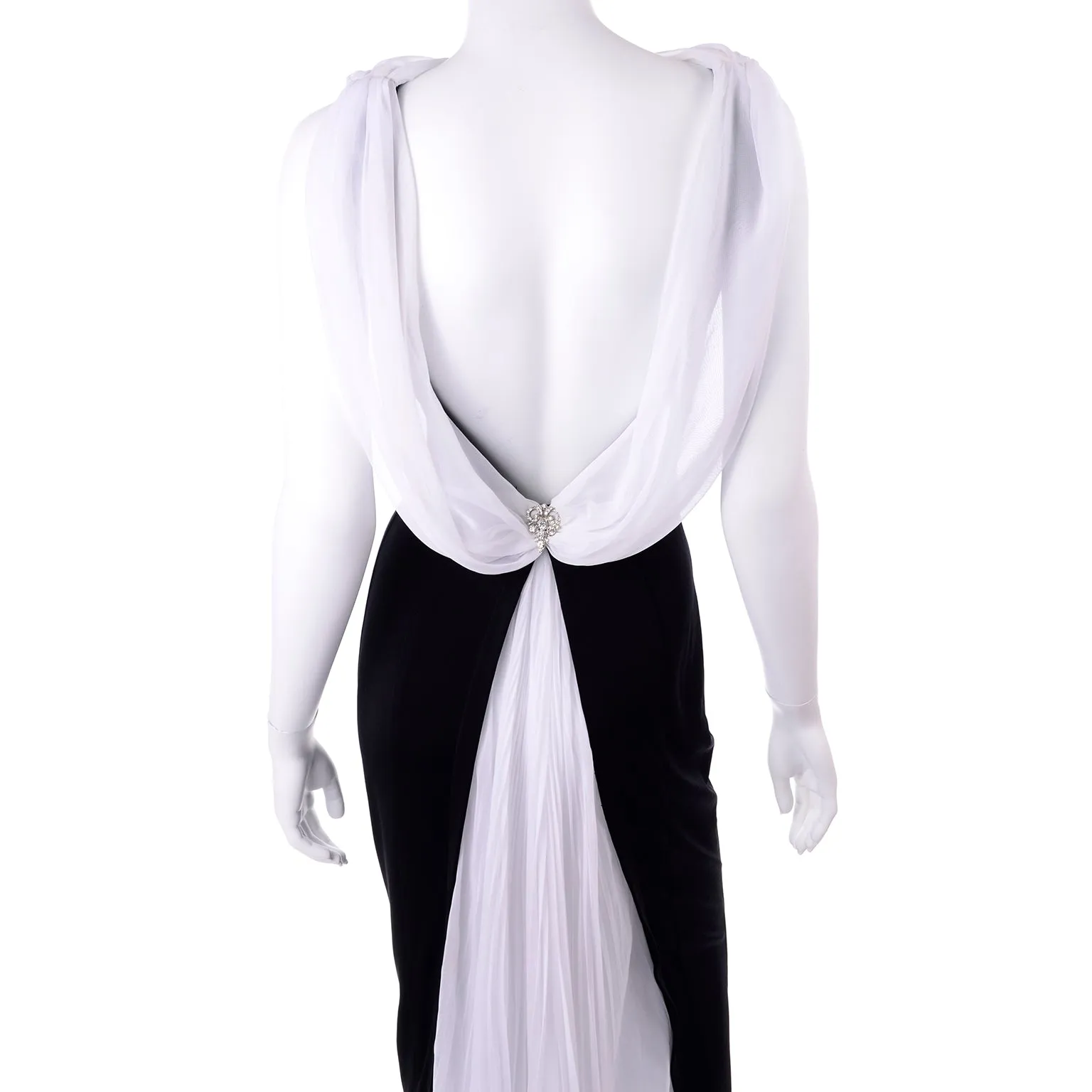 1990s Tadashi Shoji Vintage Black Evening Dress W White Chiffon Drape Low Back