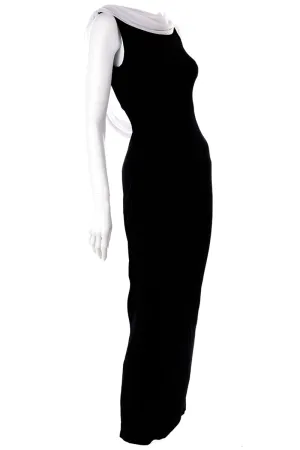 1990s Tadashi Shoji Vintage Black Evening Dress W White Chiffon Drape Low Back