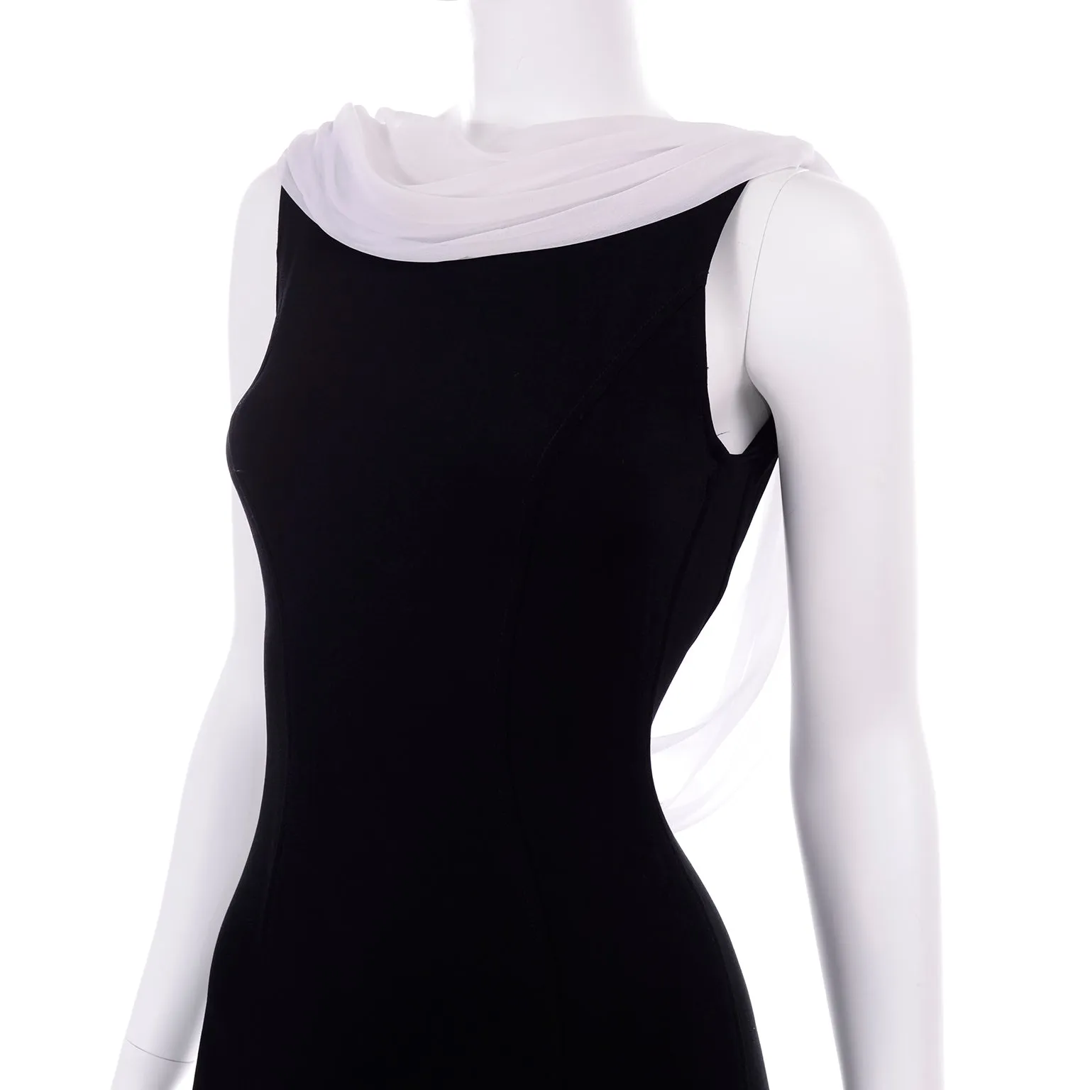 1990s Tadashi Shoji Vintage Black Evening Dress W White Chiffon Drape Low Back