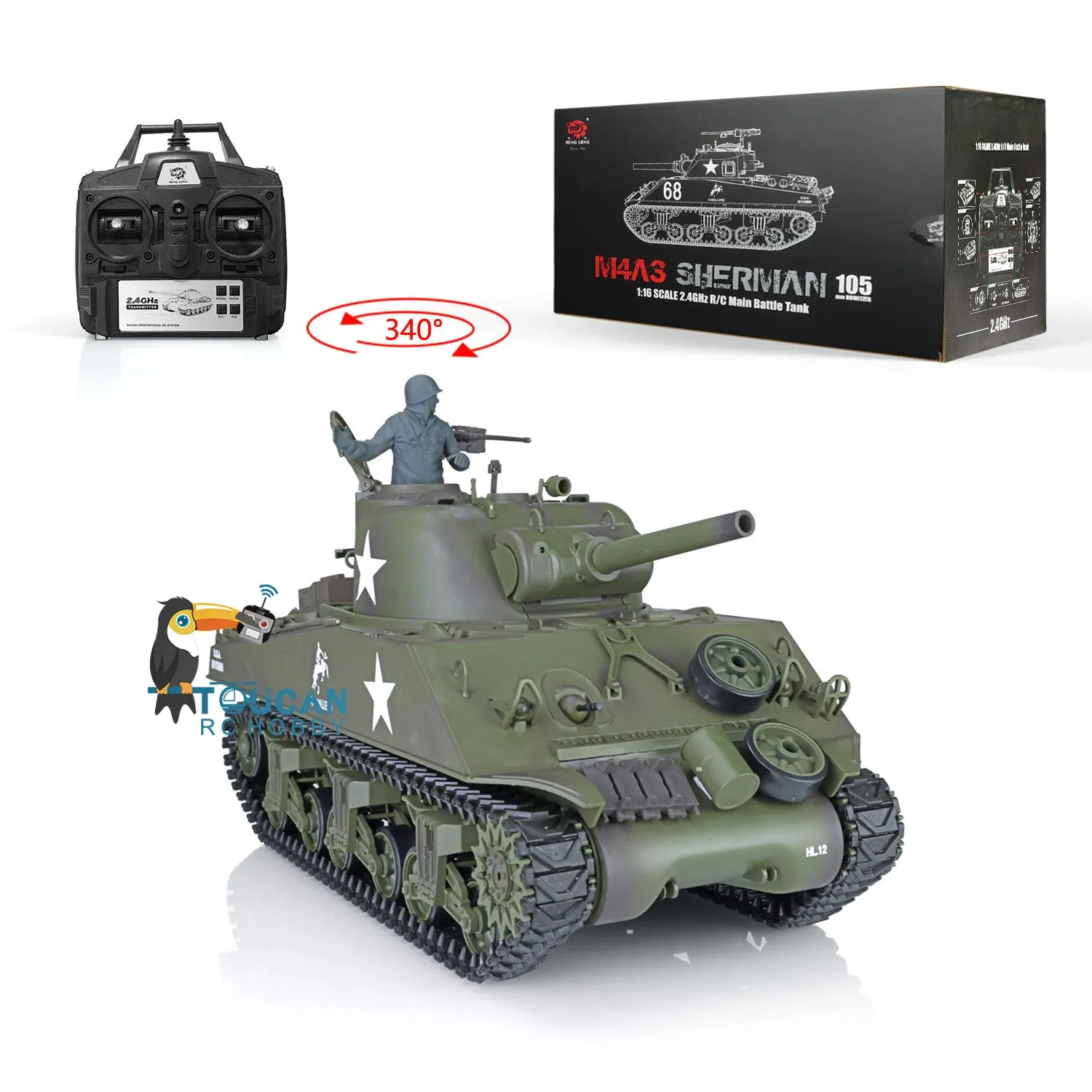 2.4G Henglong 1/16 7.0 Plastic M4A3 Sherman RTR RC Tank Model 3898 Barrel Recoil