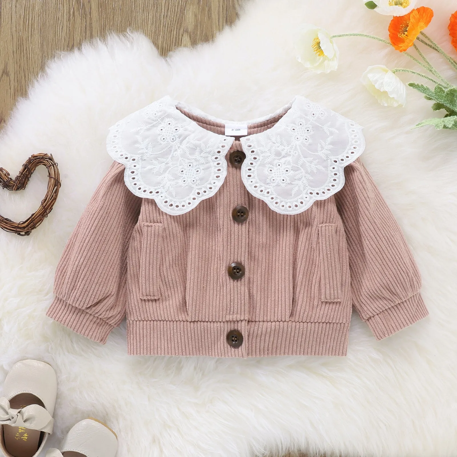 2pcs Solid Doll Collar Corduroy Long-sleeve Baby Set