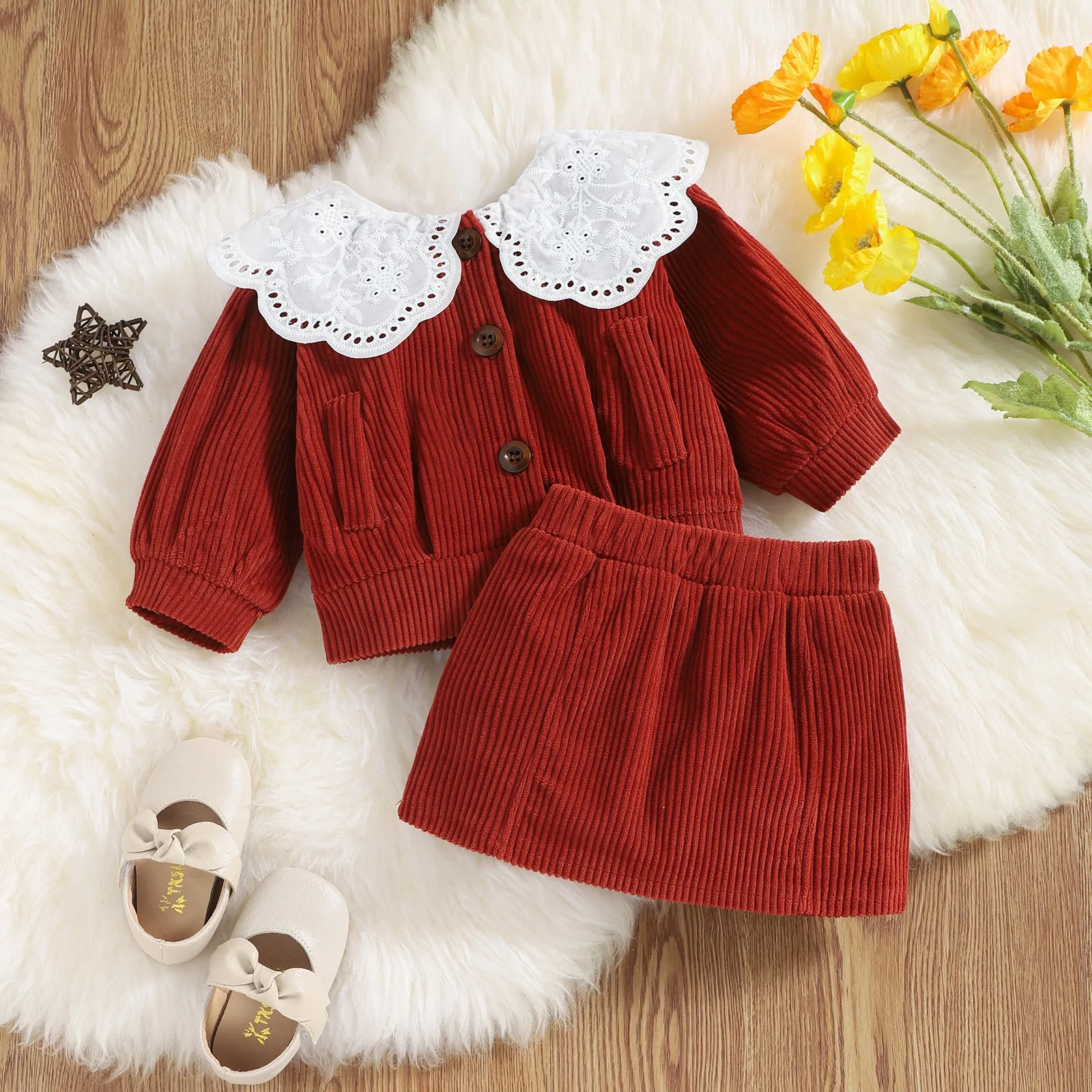2pcs Solid Doll Collar Corduroy Long-sleeve Baby Set