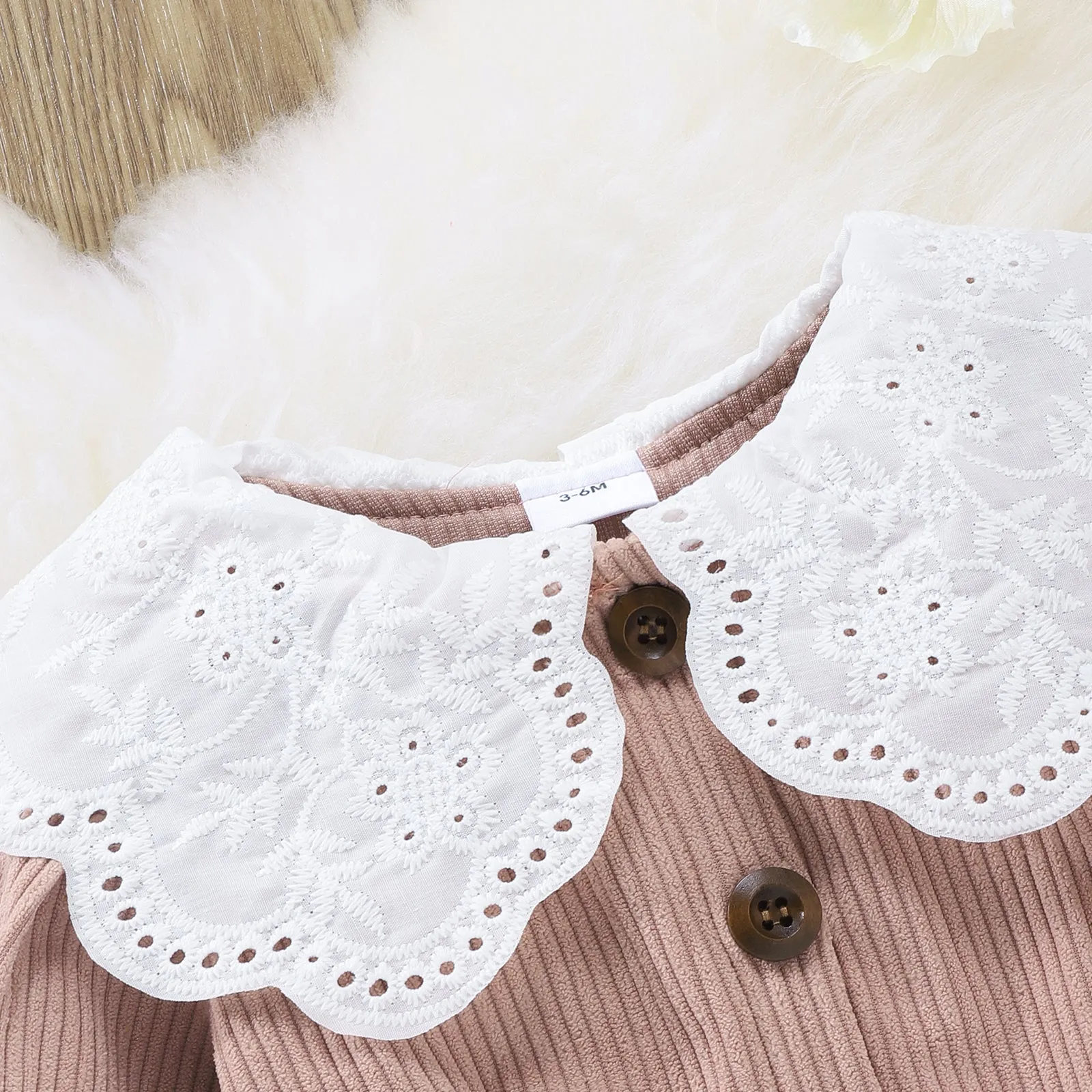 2pcs Solid Doll Collar Corduroy Long-sleeve Baby Set