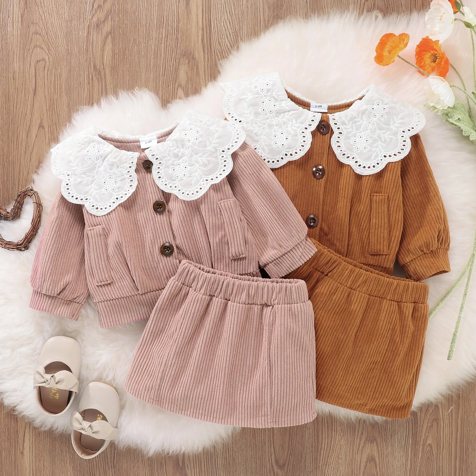 2pcs Solid Doll Collar Corduroy Long-sleeve Baby Set