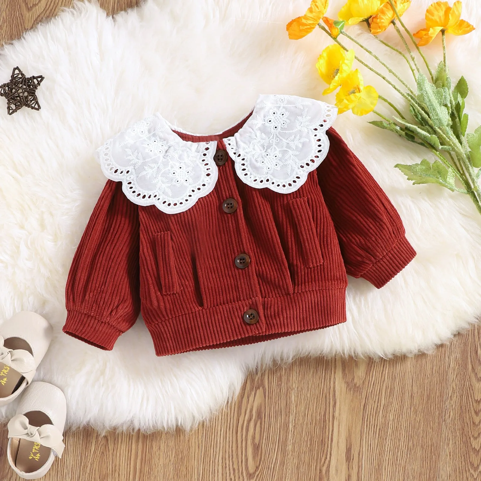 2pcs Solid Doll Collar Corduroy Long-sleeve Baby Set