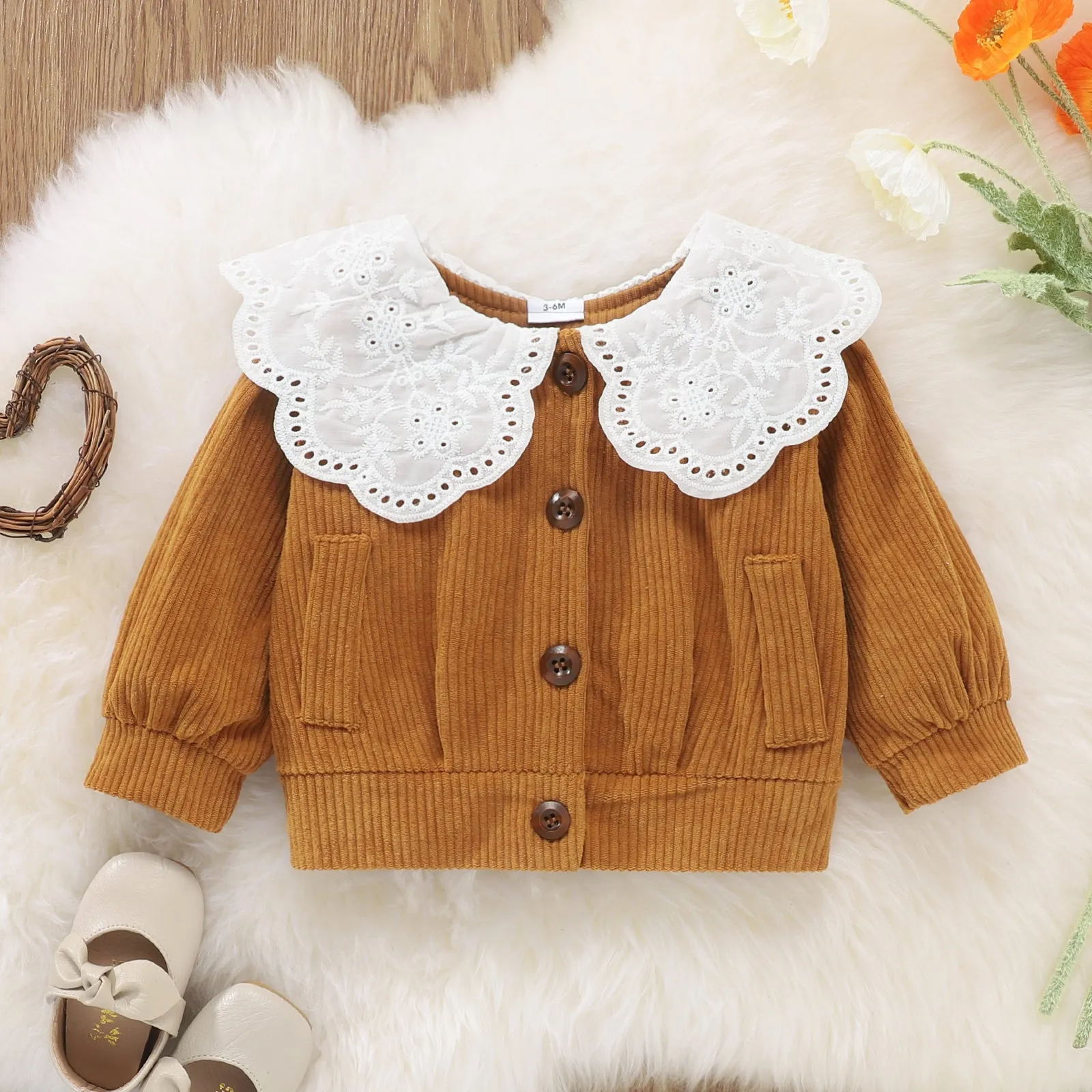 2pcs Solid Doll Collar Corduroy Long-sleeve Baby Set