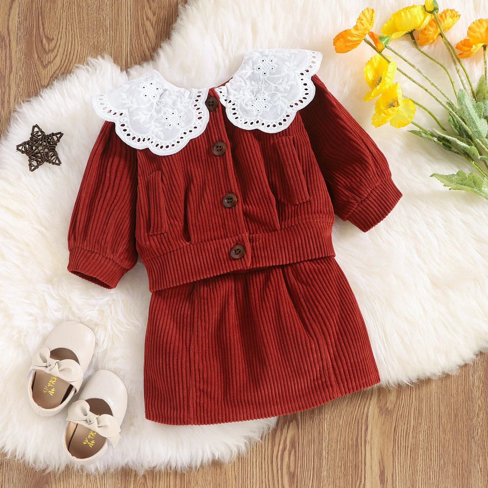 2pcs Solid Doll Collar Corduroy Long-sleeve Baby Set