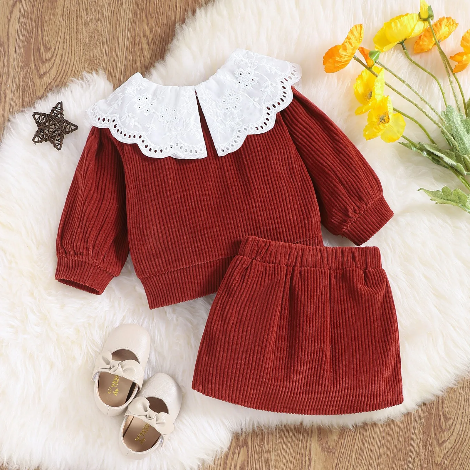 2pcs Solid Doll Collar Corduroy Long-sleeve Baby Set