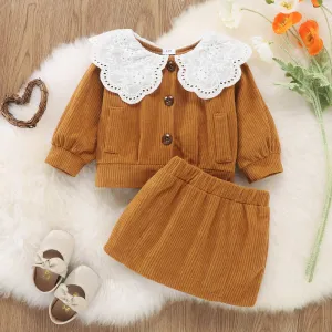2pcs Solid Doll Collar Corduroy Long-sleeve Baby Set
