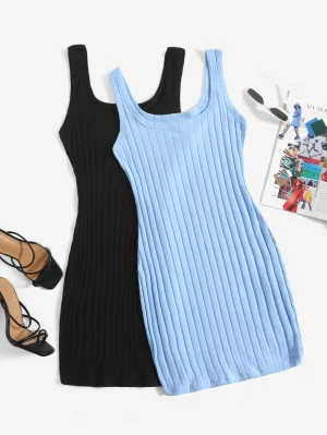 2pcs Solid Ribbed Knit Tank Dress