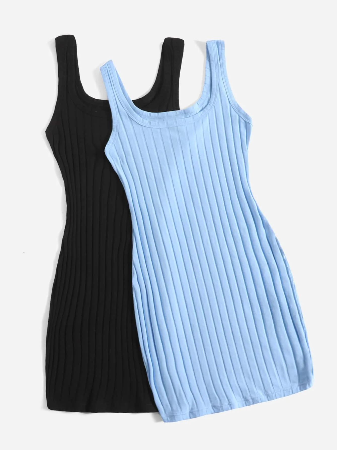 2pcs Solid Ribbed Knit Tank Dress