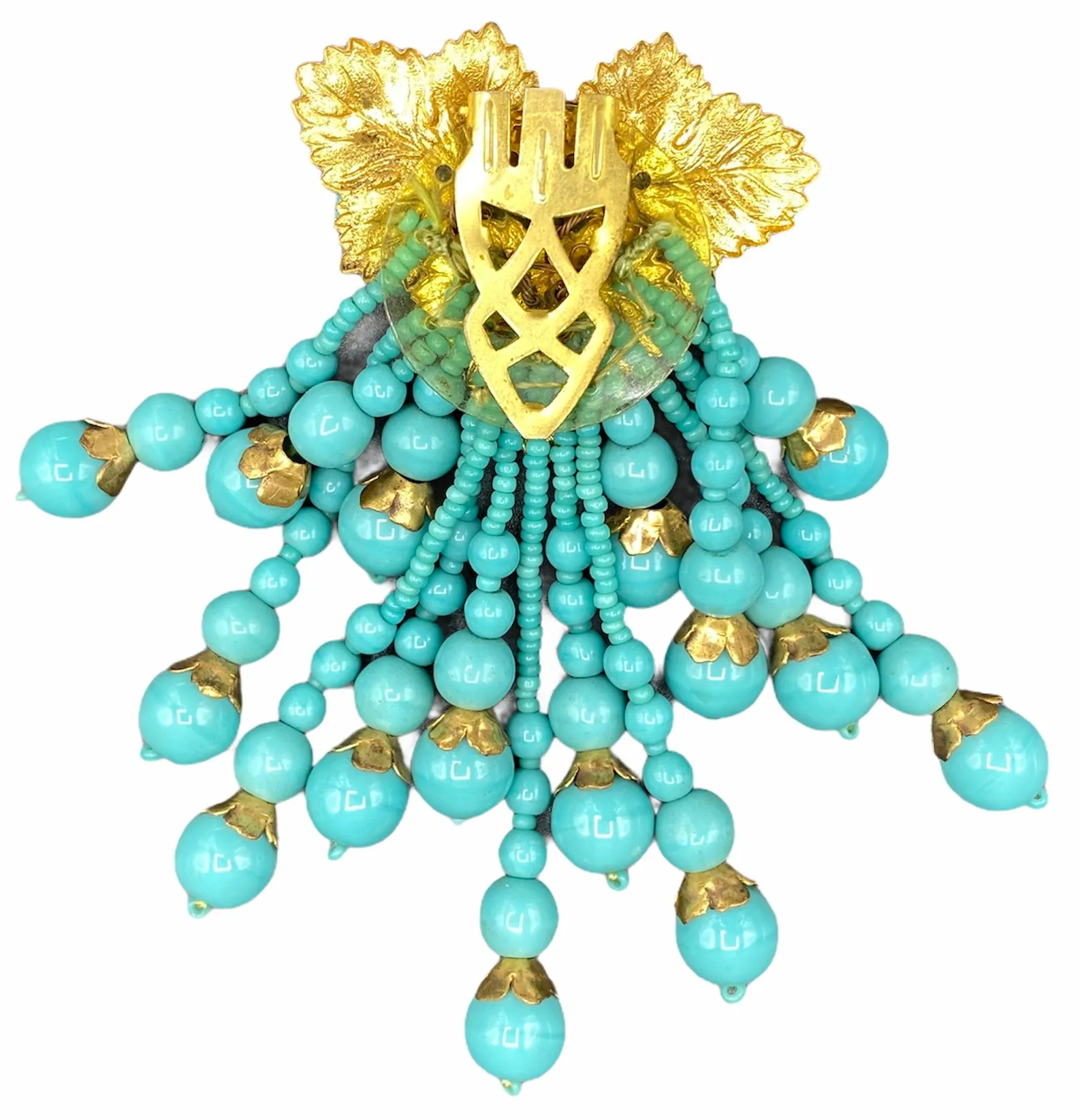 40s Dress Clip Gold Tone Leaves with Turquoise Colored Beaded Spray
