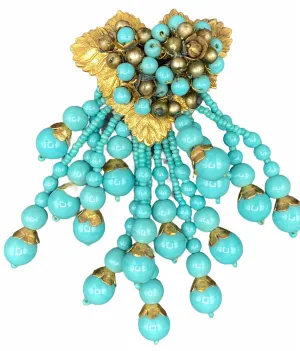 40s Dress Clip Gold Tone Leaves with Turquoise Colored Beaded Spray